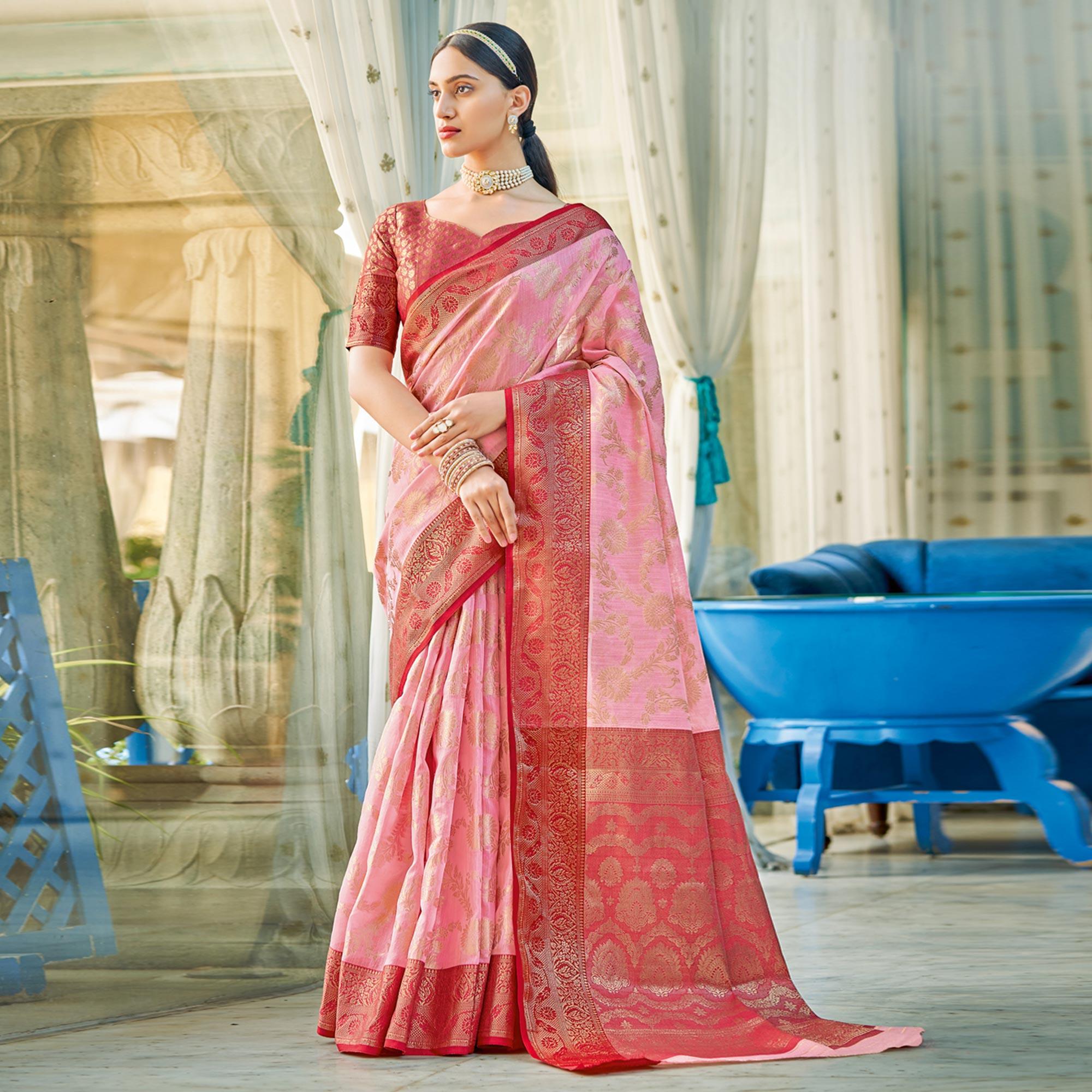 Peachmode Light Pink Floral Woven Cotton Blend Saree With Tassels
