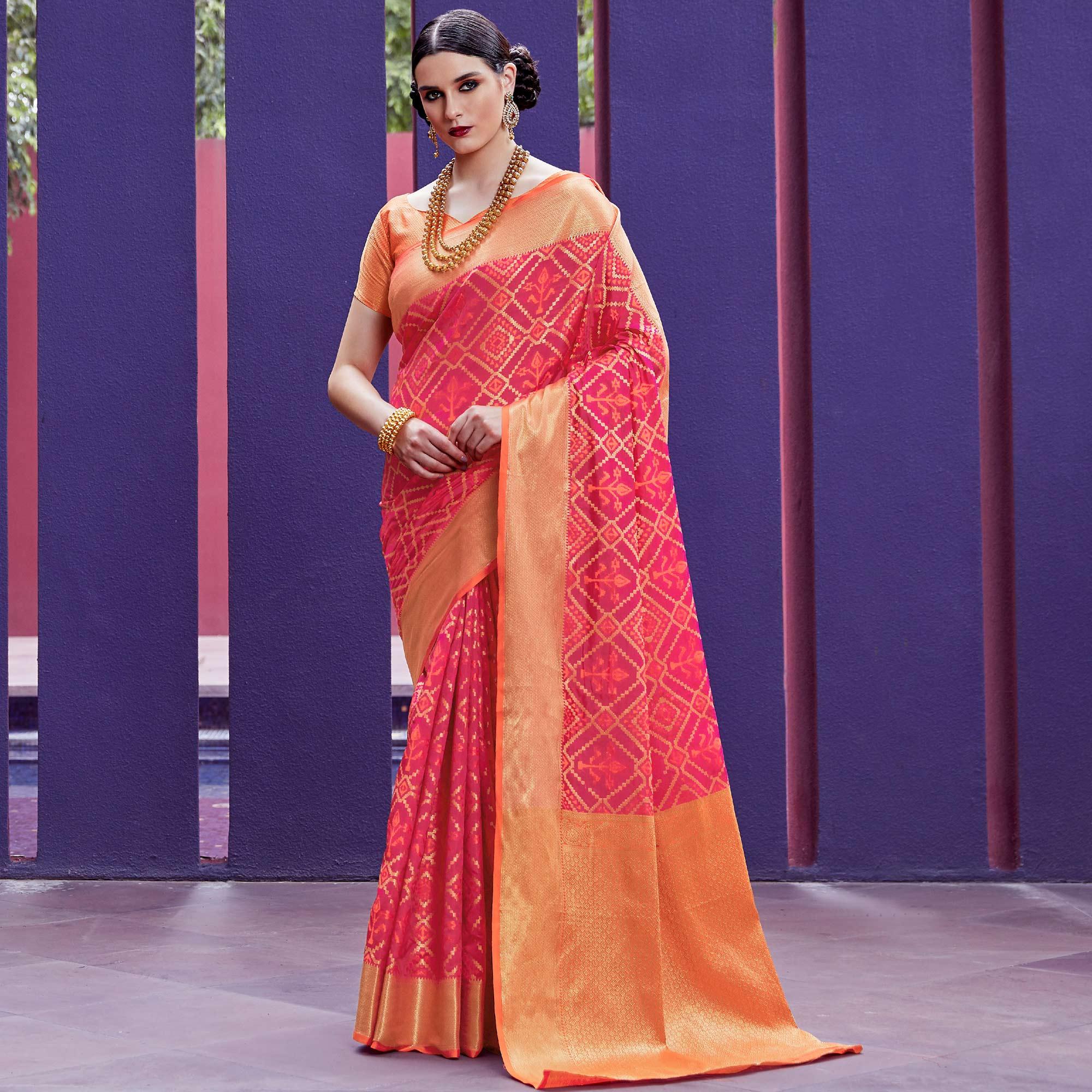 Peachmode Energetic Pink Colored Festive Wear Woven Indian Patola Silk Saree