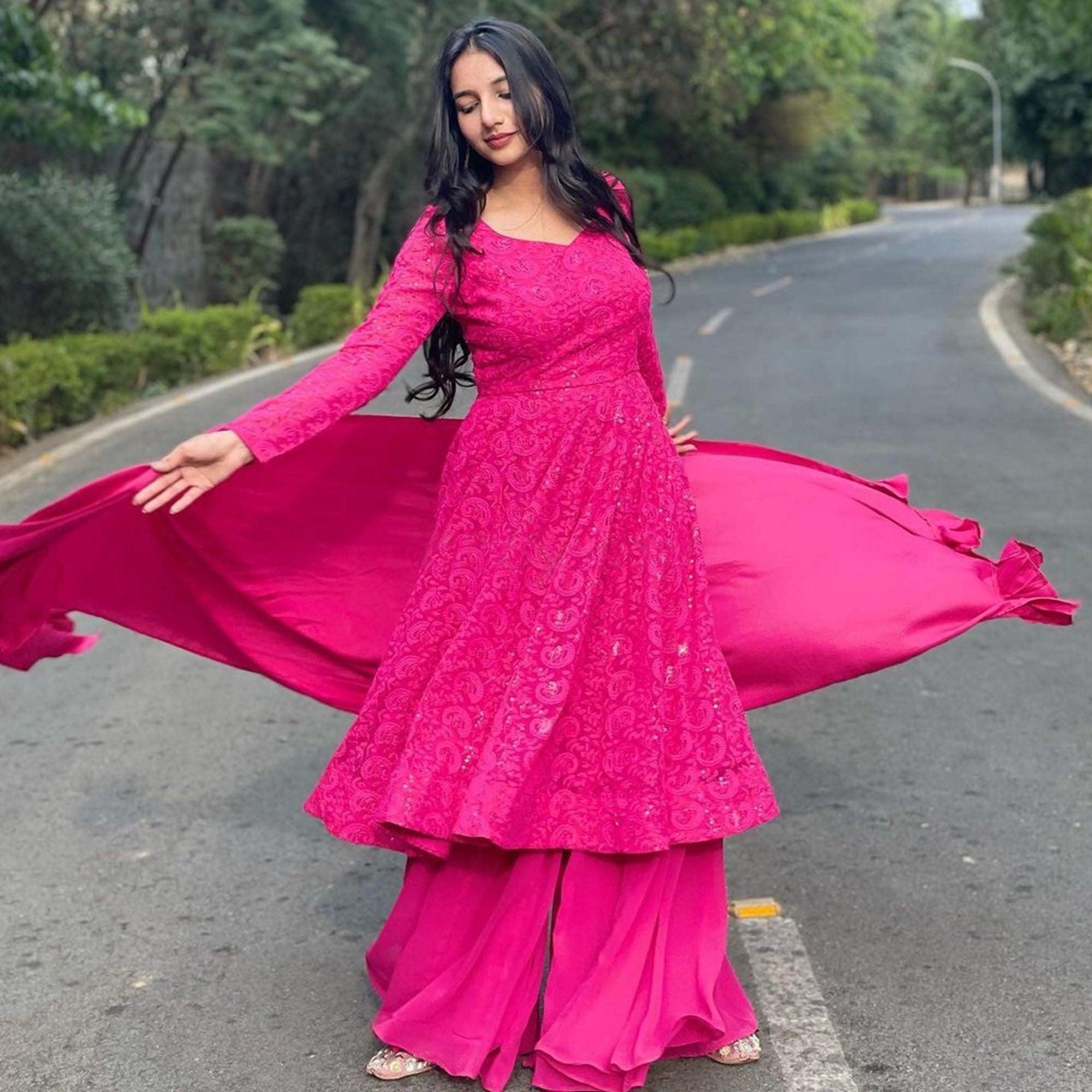 Peachmode Seller Dark Pink Lucknowi Embroidered Georgette Sharara Suit