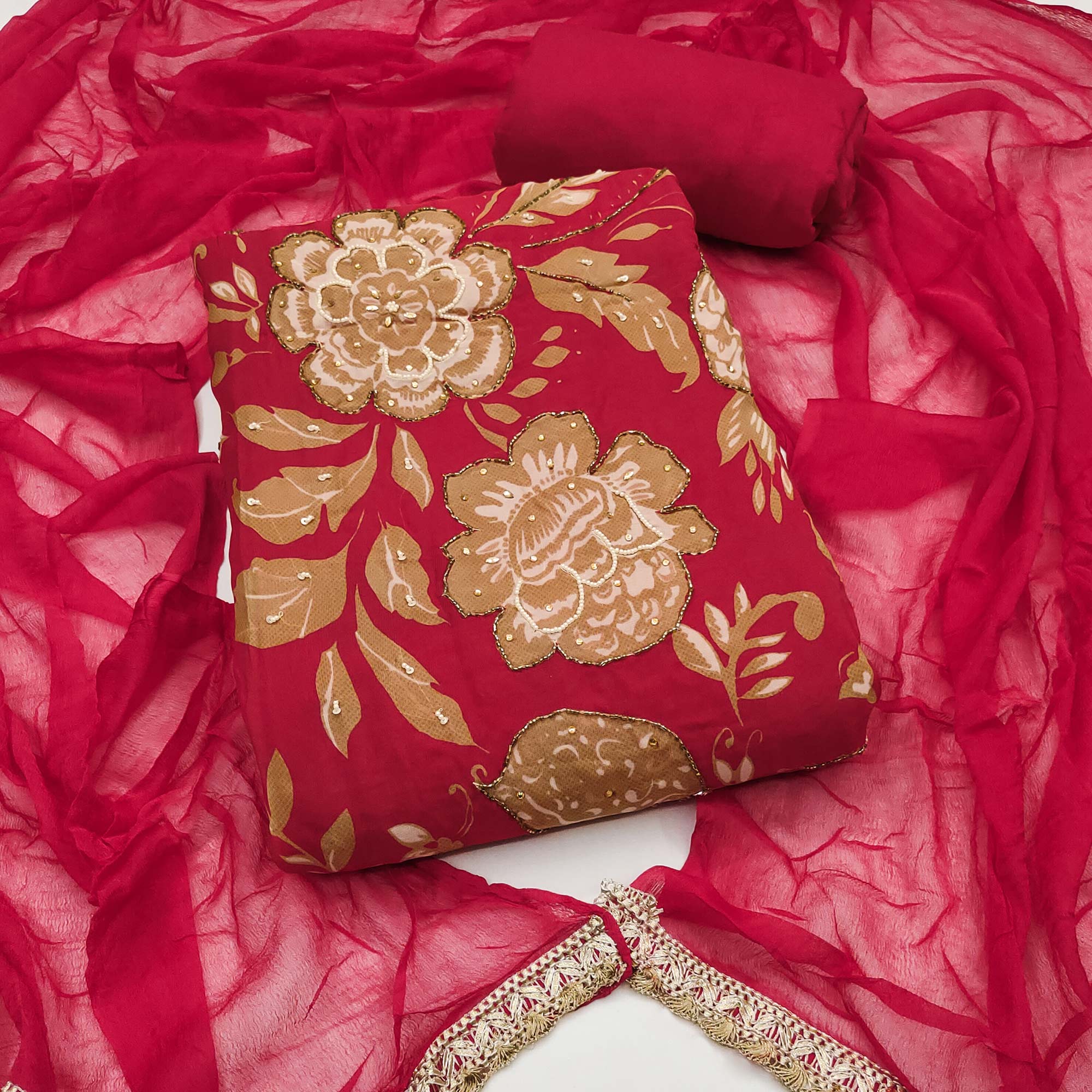 Peachmode Cherry Red Floral Moti Hand Embroidered Muslin Dress Material