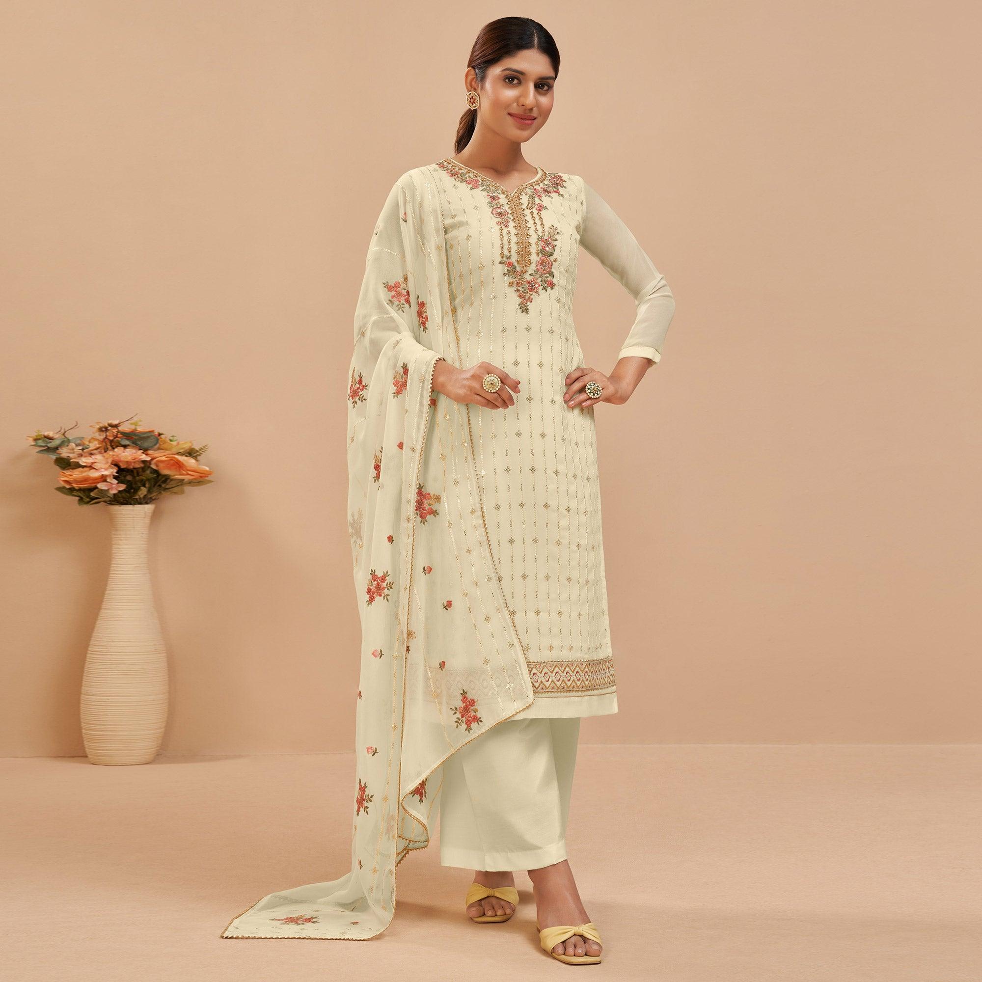 Peachmode Lemon Yellow Party Wear Embroidered Georgette Suit - view 5