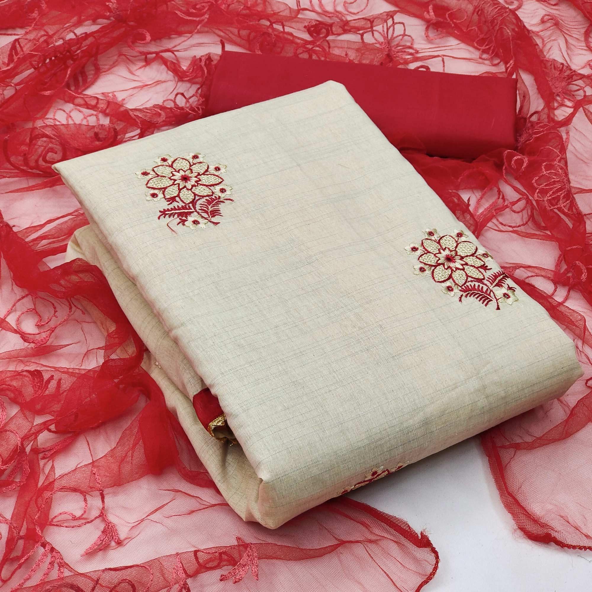Peachmode Cream - Red Casual Wear Floral Embroidered Cotton Dress Material