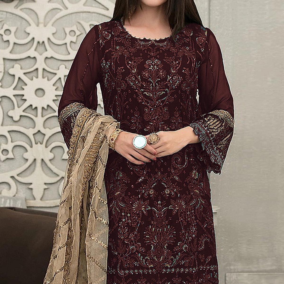 Peachmode Coffee Sequins With Floral Embroidered Georgette Pakistani Suit - view 3