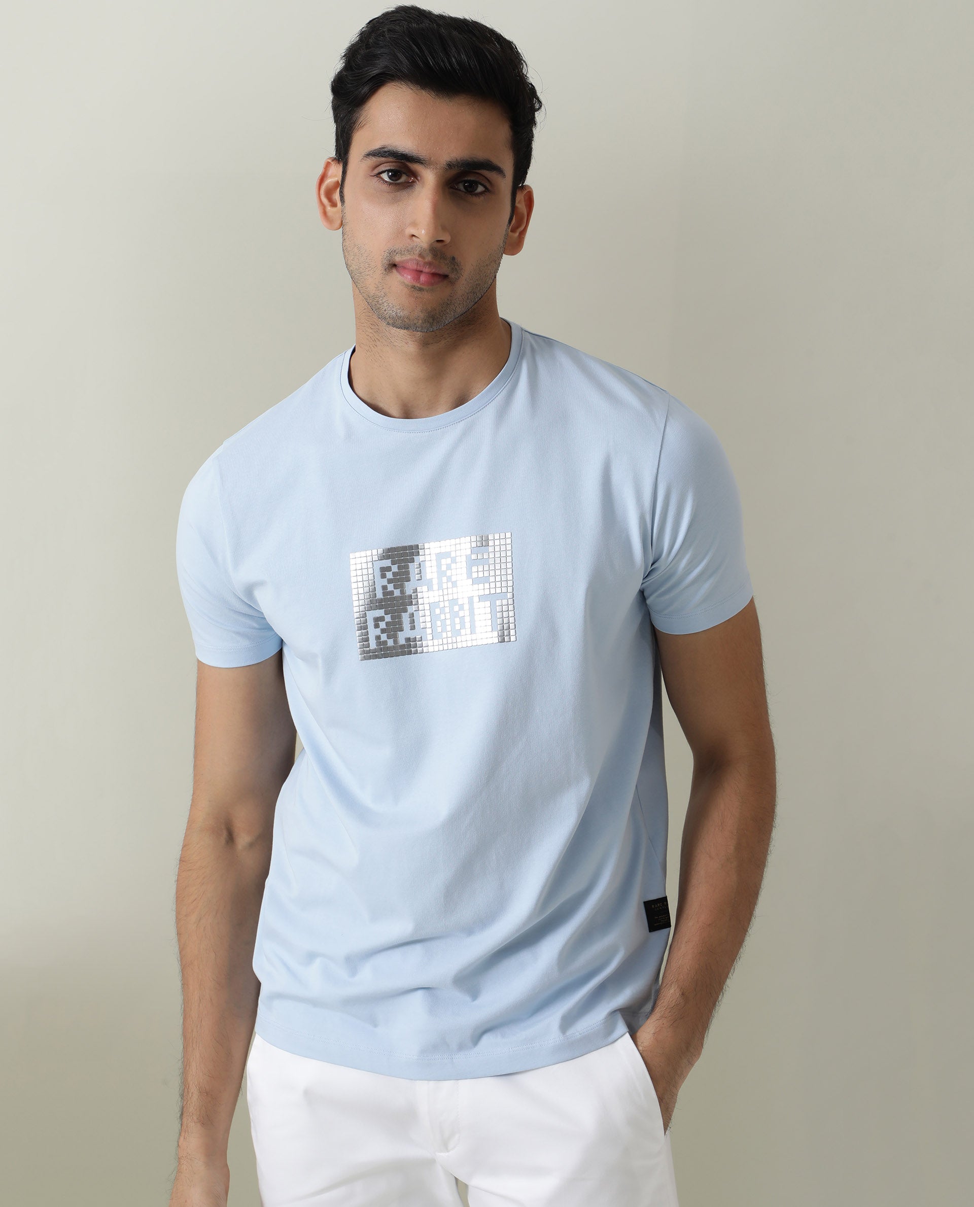 Rare Rabbit Men's Seal Pastel Blue Cotton Lycra Fabric Crew Neck Half Sleeves Regular Fit Foil HD Print T-Shirt - view 3