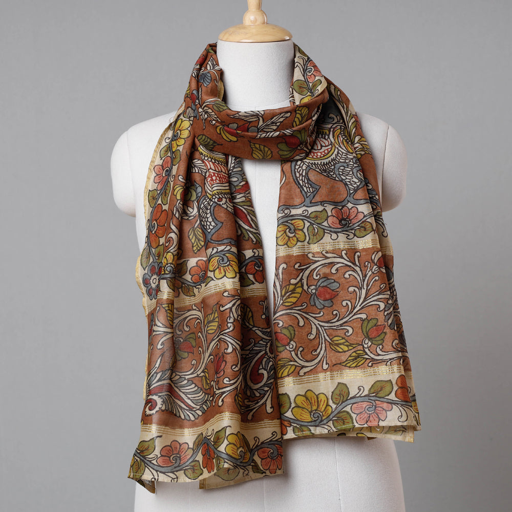 DWARAKA PLUS Brown - Kalamkari Handpainted Pure Handloom Chanderi Silk Stole