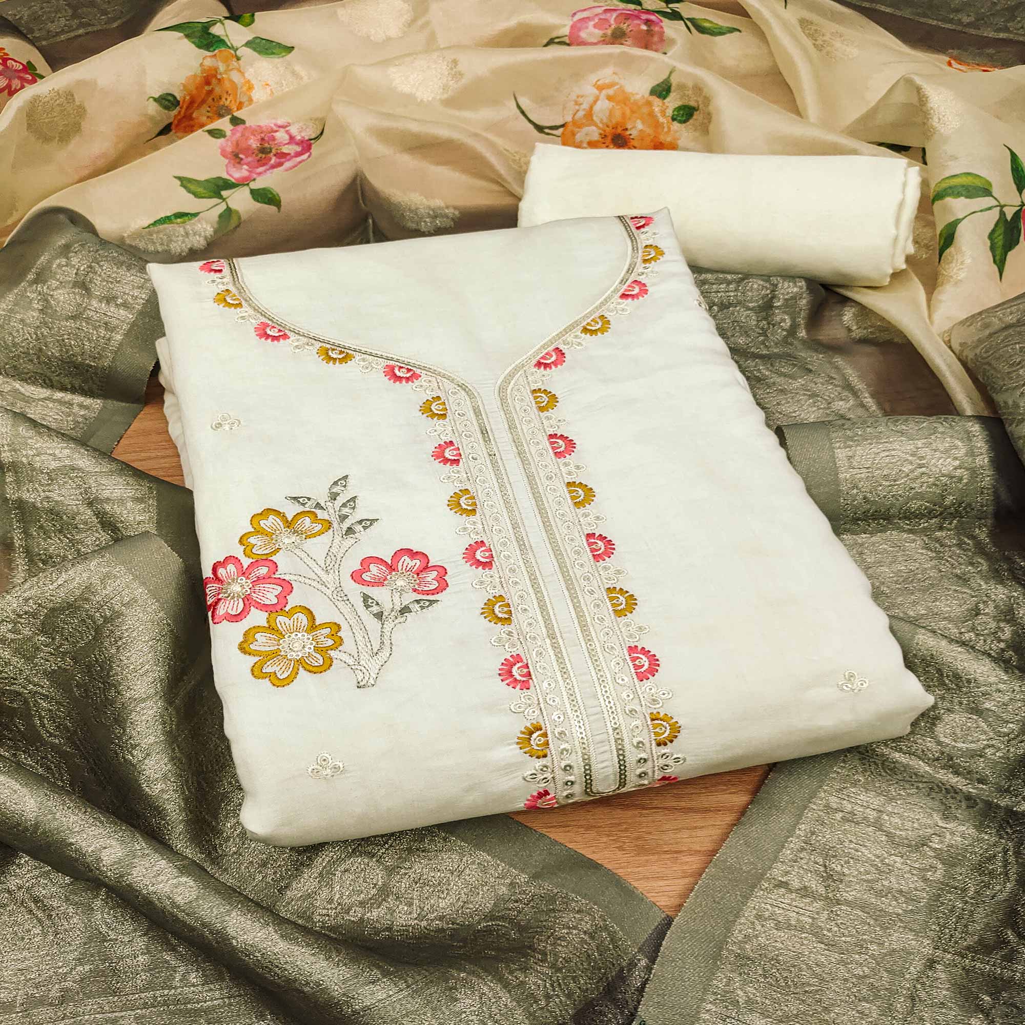 Peachmode Cream Floral Sequins Embroidered Cotton Roman Silk Dress Material