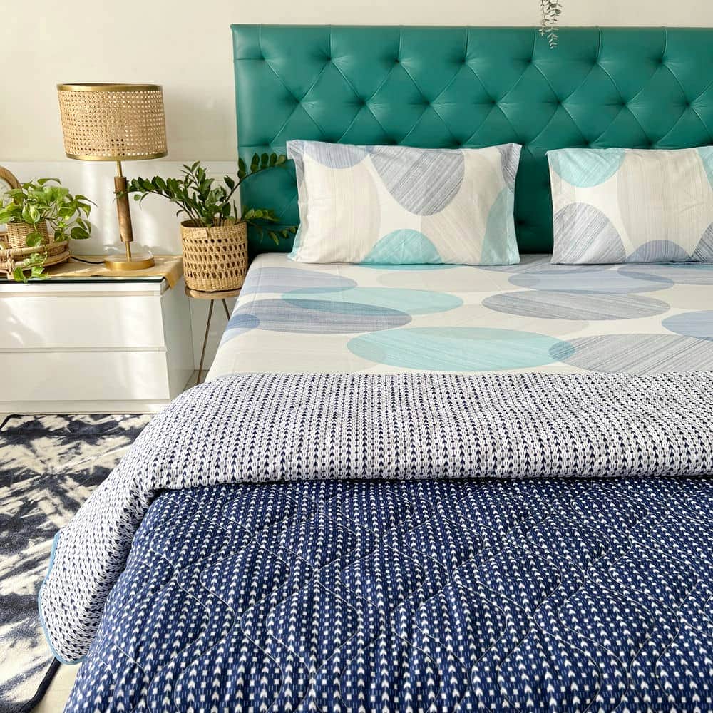 Urban Space -Home Furnishing Store Cotton Bedsheet + AC Blanket Combo Pack - (Combo 22 - Oval Blue + Tokyo)