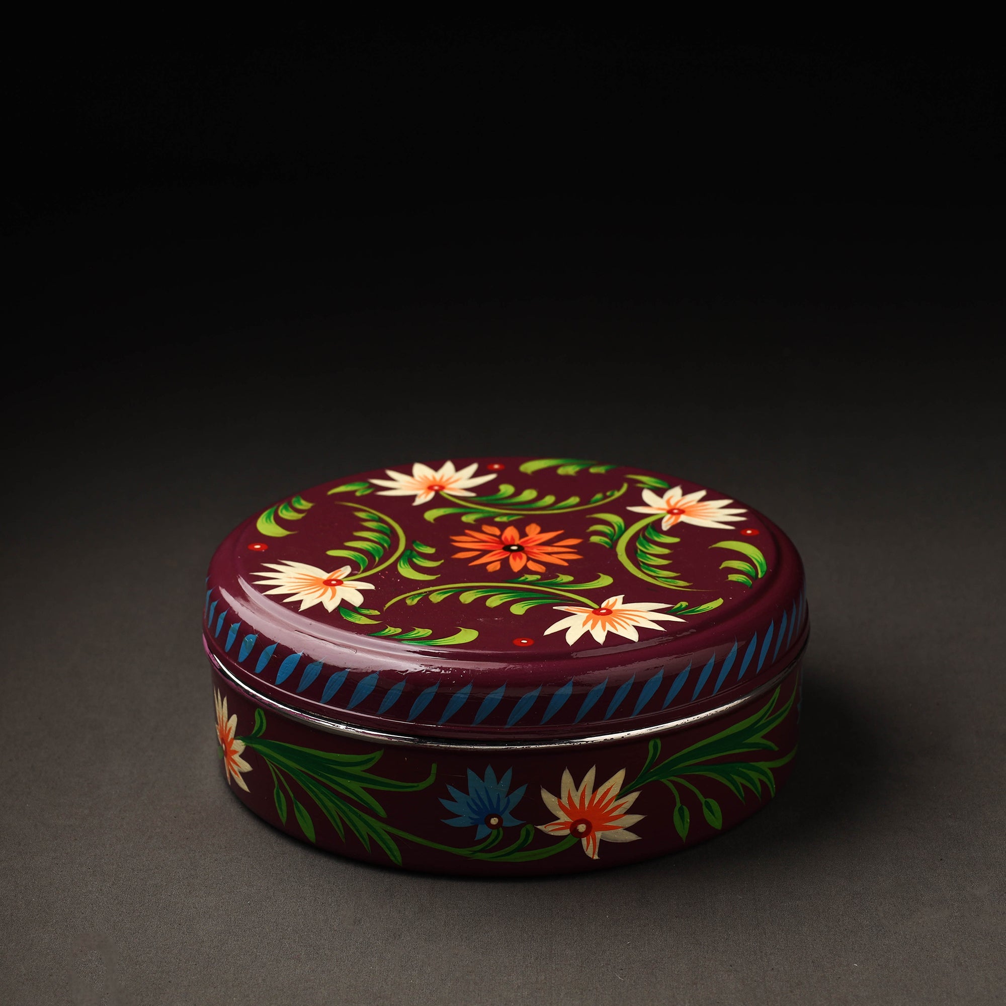 AAYAAS Brown - Banaras Handpainted Stainless Steel Masala Box (8 x 8 in)