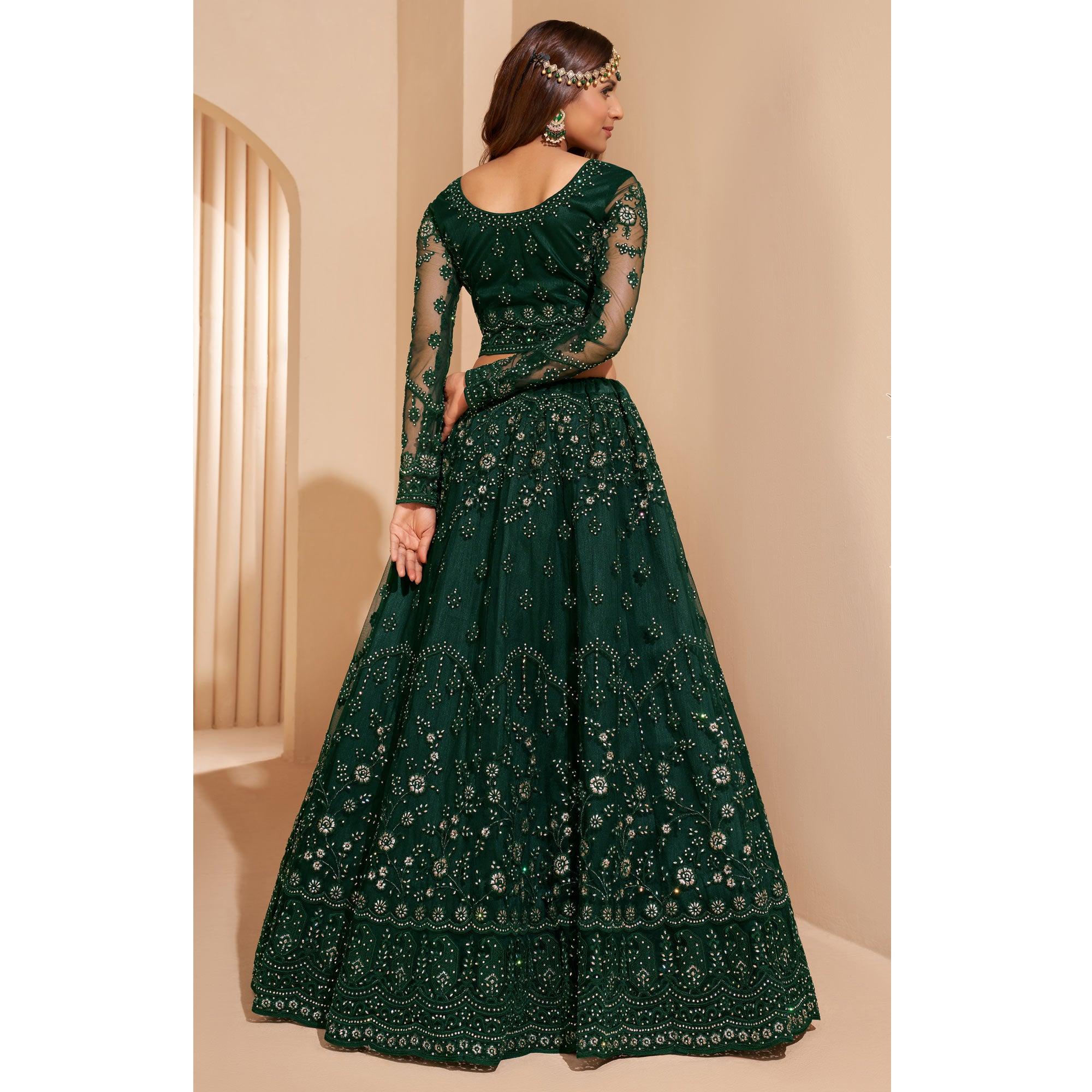 Peachmode Bottle Green Wedding Wear Embroidered With Embellished Net Lehenga Choli - view 5