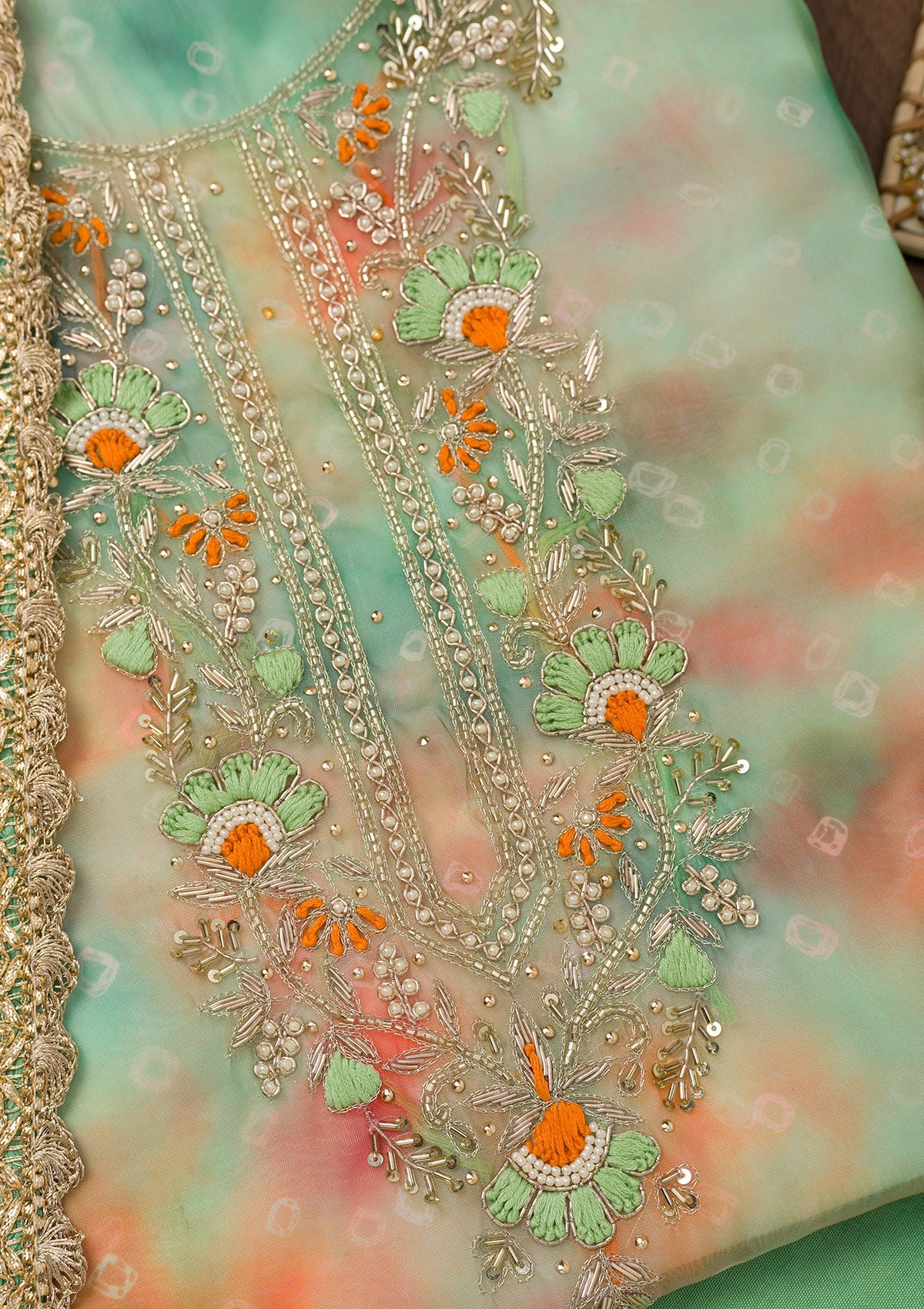 Koskii Pista Green Zariwork Organza Unstitched Salwar Suit - view 2