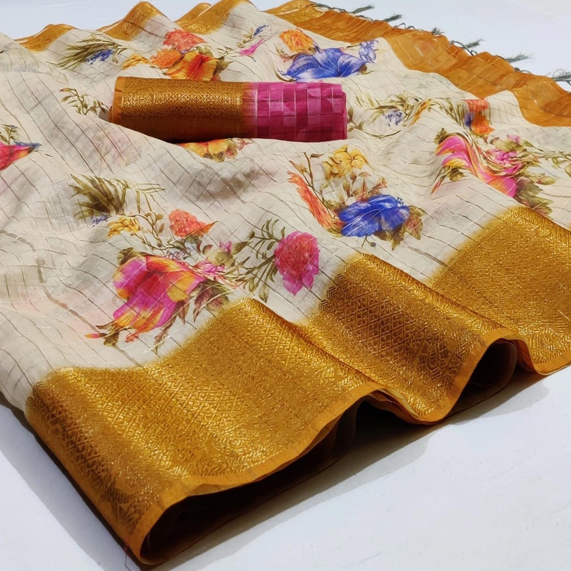 Peachmode Imposing Offwhite Colored Festive Wear Woven Banarasi Silk Saree