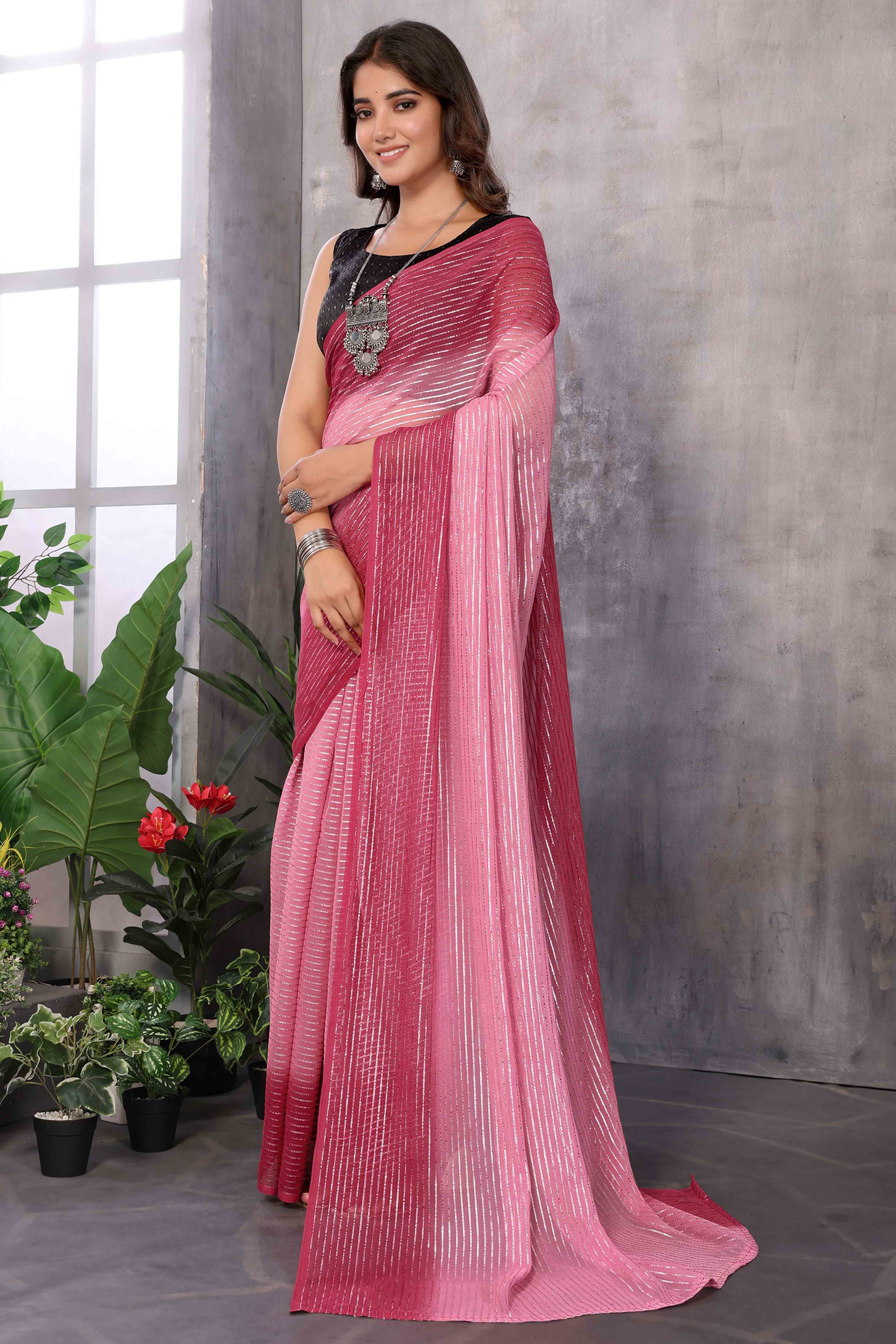 Peachmode Maroon Striped Zari Woven Art Silk Ready To Wear Saree - view 3