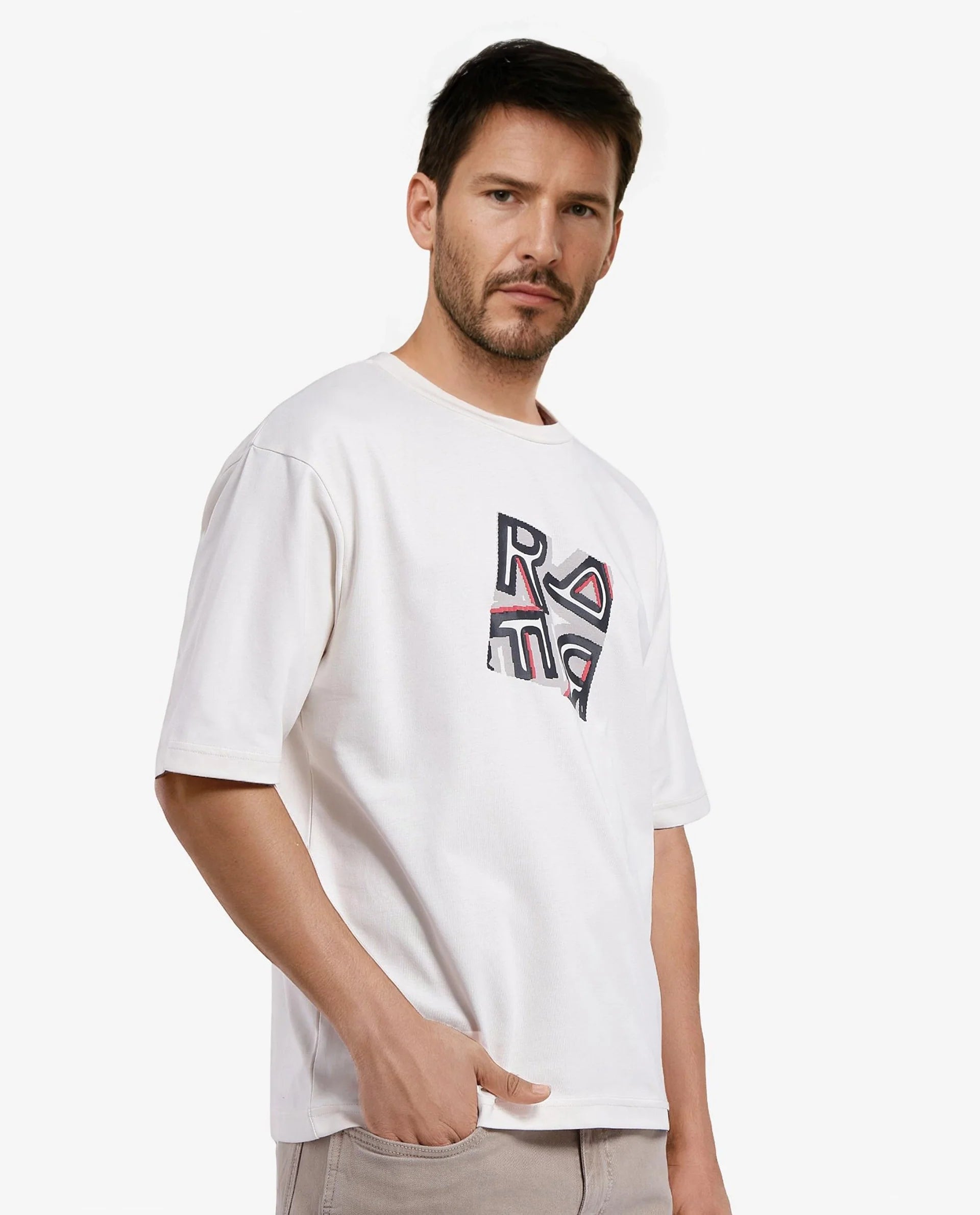 Rare Rabbit Men Reat Off White Cotton Polyester Fabric Short Sleeve Crew Neck Boxy Fit Printed T-Shirt - view 4