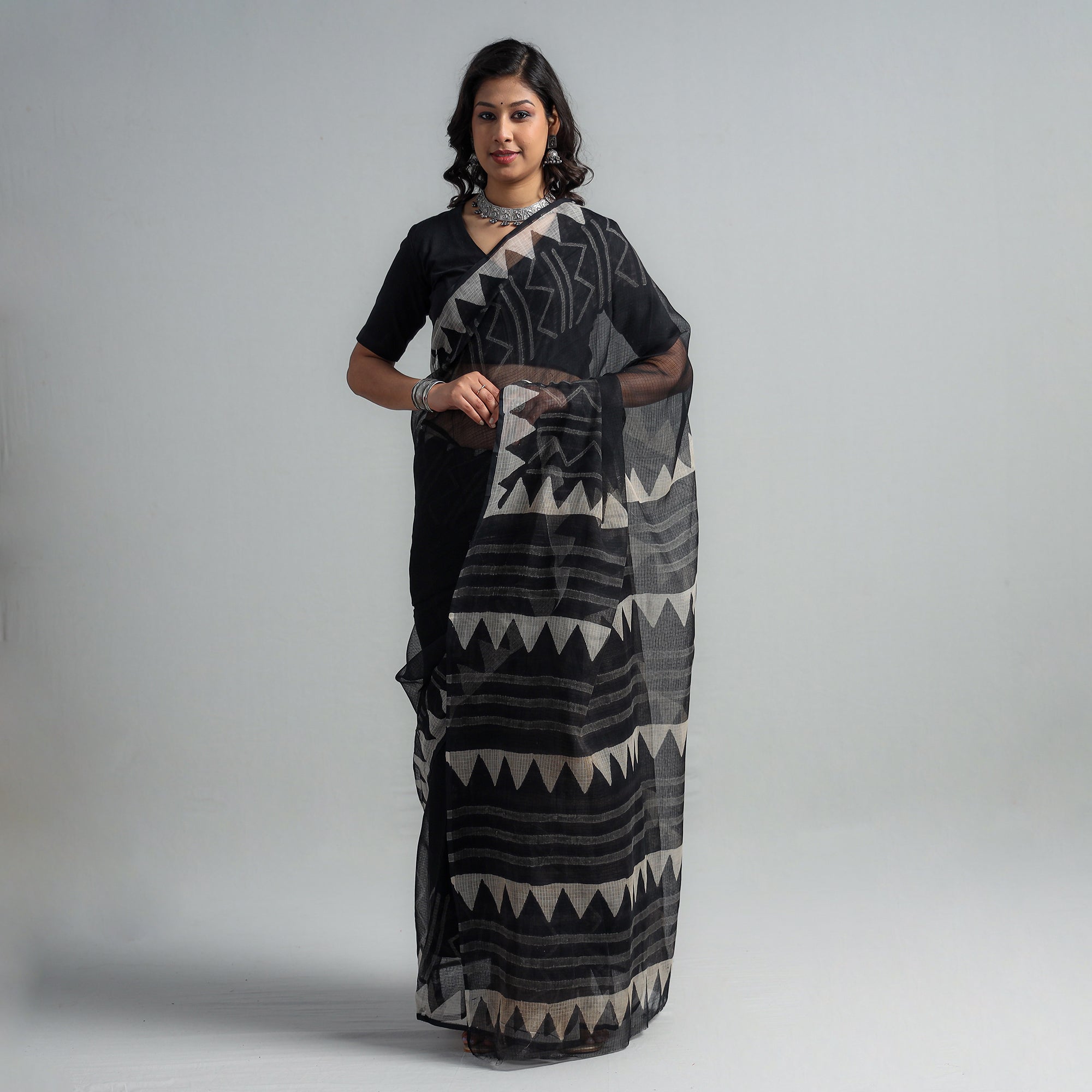 HAVELI CHRONICLES Black - Kota Doria Cotton Sanganeri Print Saree