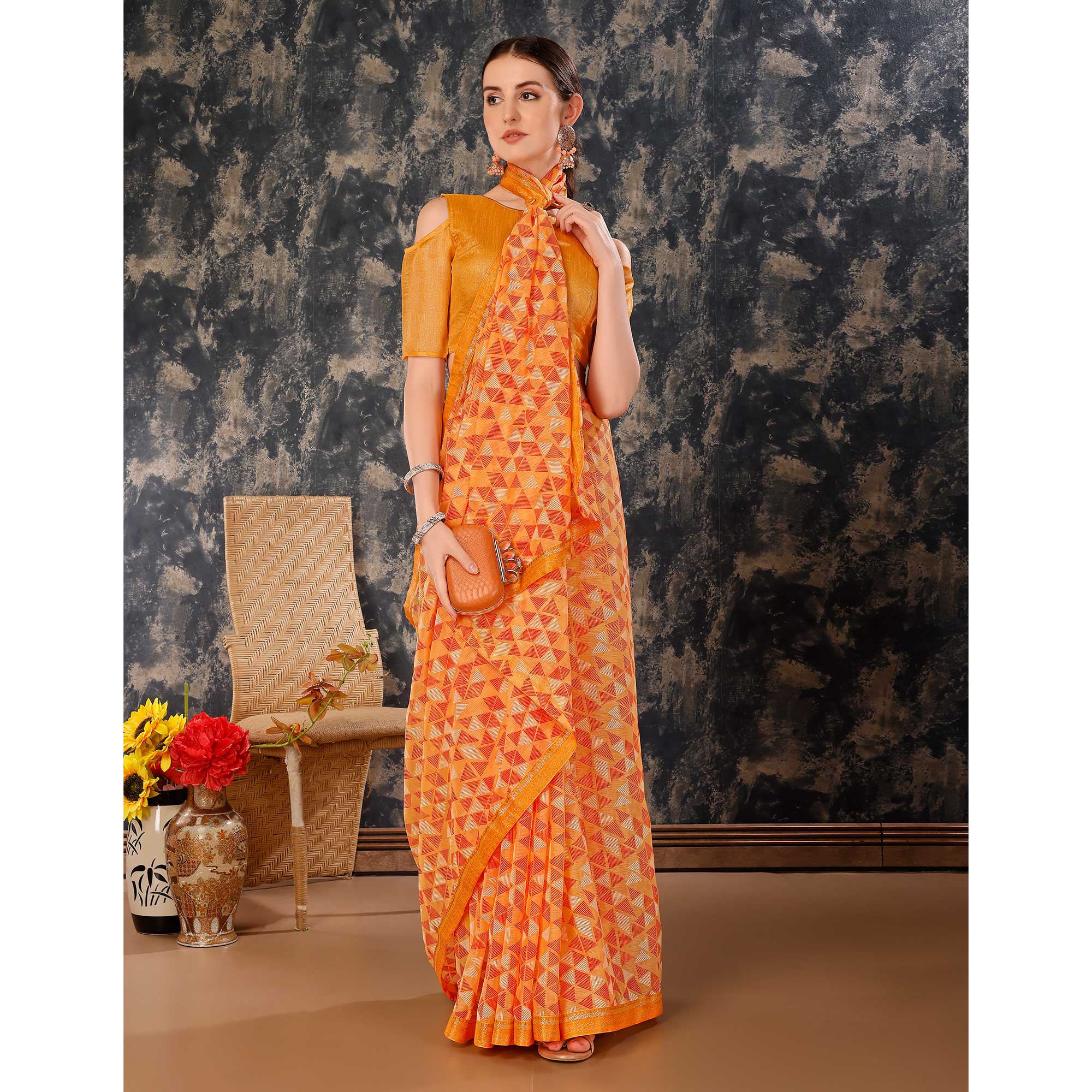 Peachmode Light Orange Geometric Printed Chiffon Saree With Lace Border - view 5