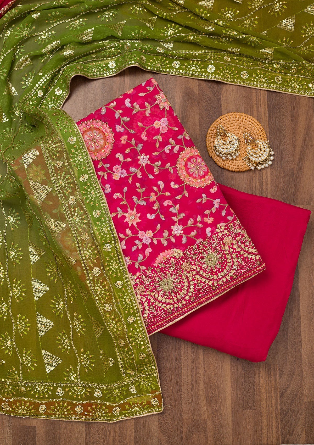 Koskii Rani Pink Threadwork Semi Crepe Unstitched Salwar Suit