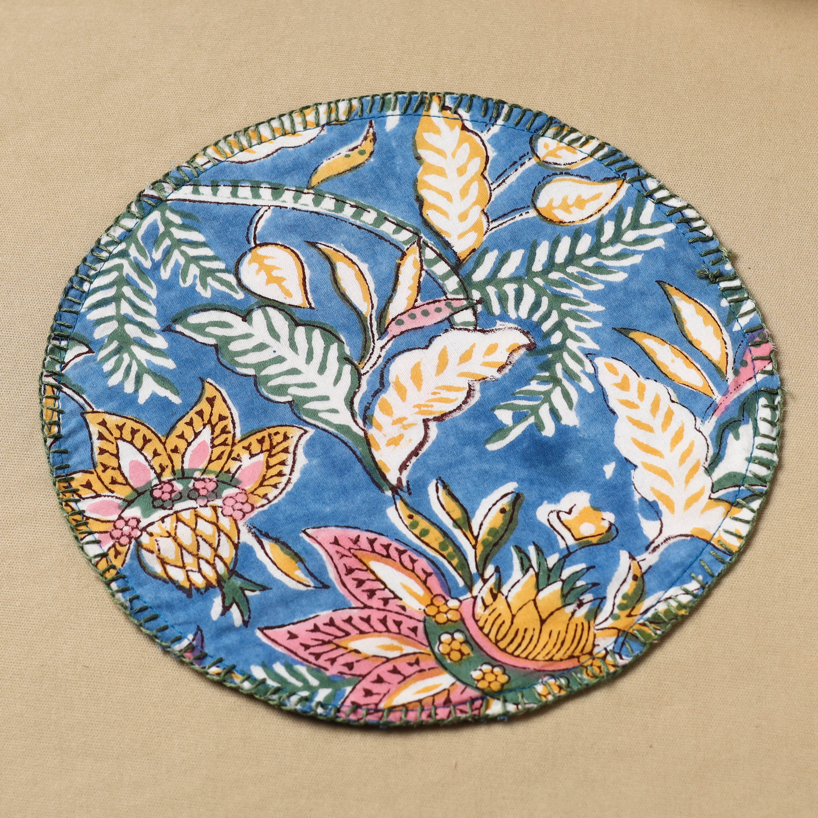 NOORI BAZAR Blue - Floral Block Print Hand Embroidery Roti Napkin 02 - view 2