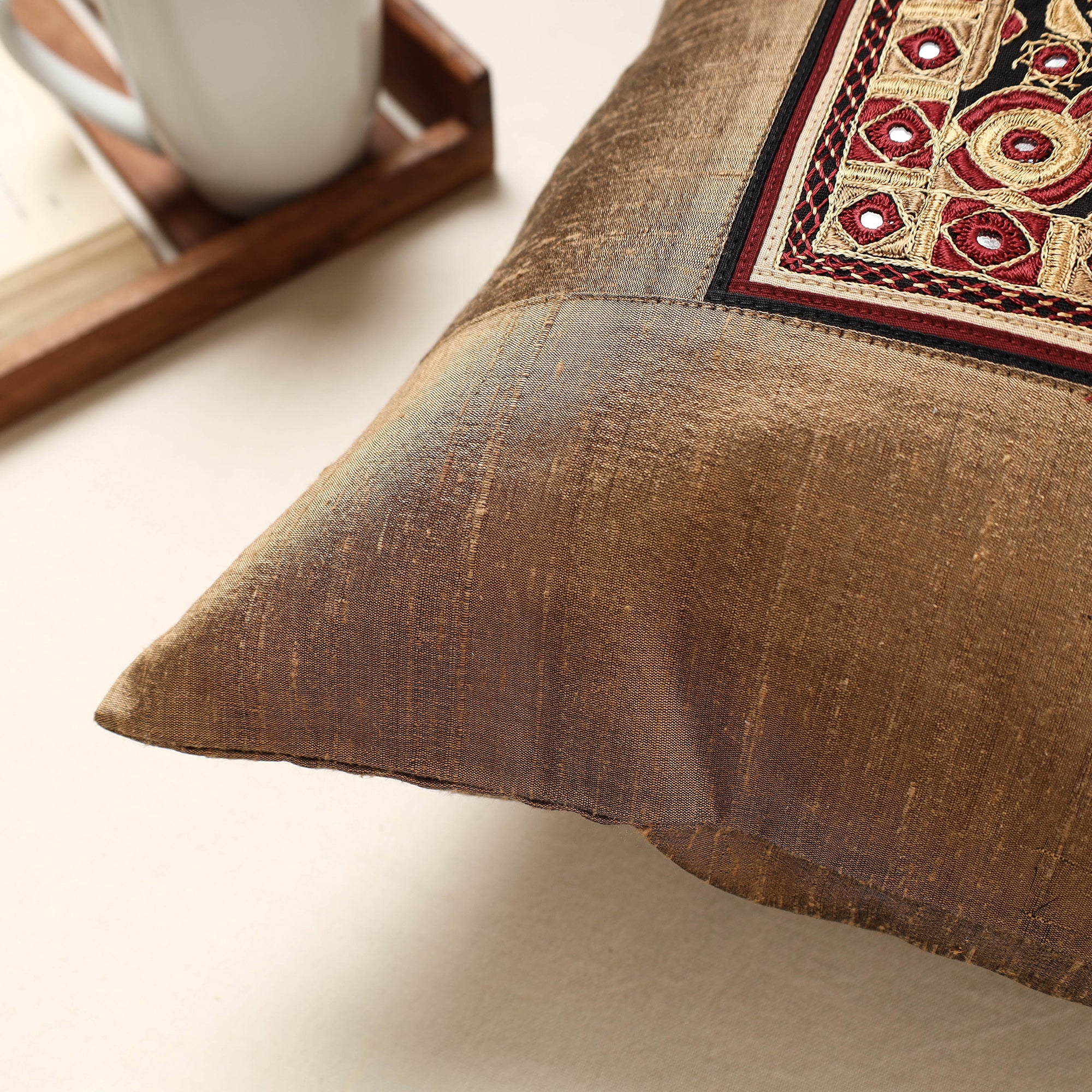 QASAB Brown - Kutch Pakko Hand Embroidery Silk Cushion Cover (16 x 16 in) - view 2