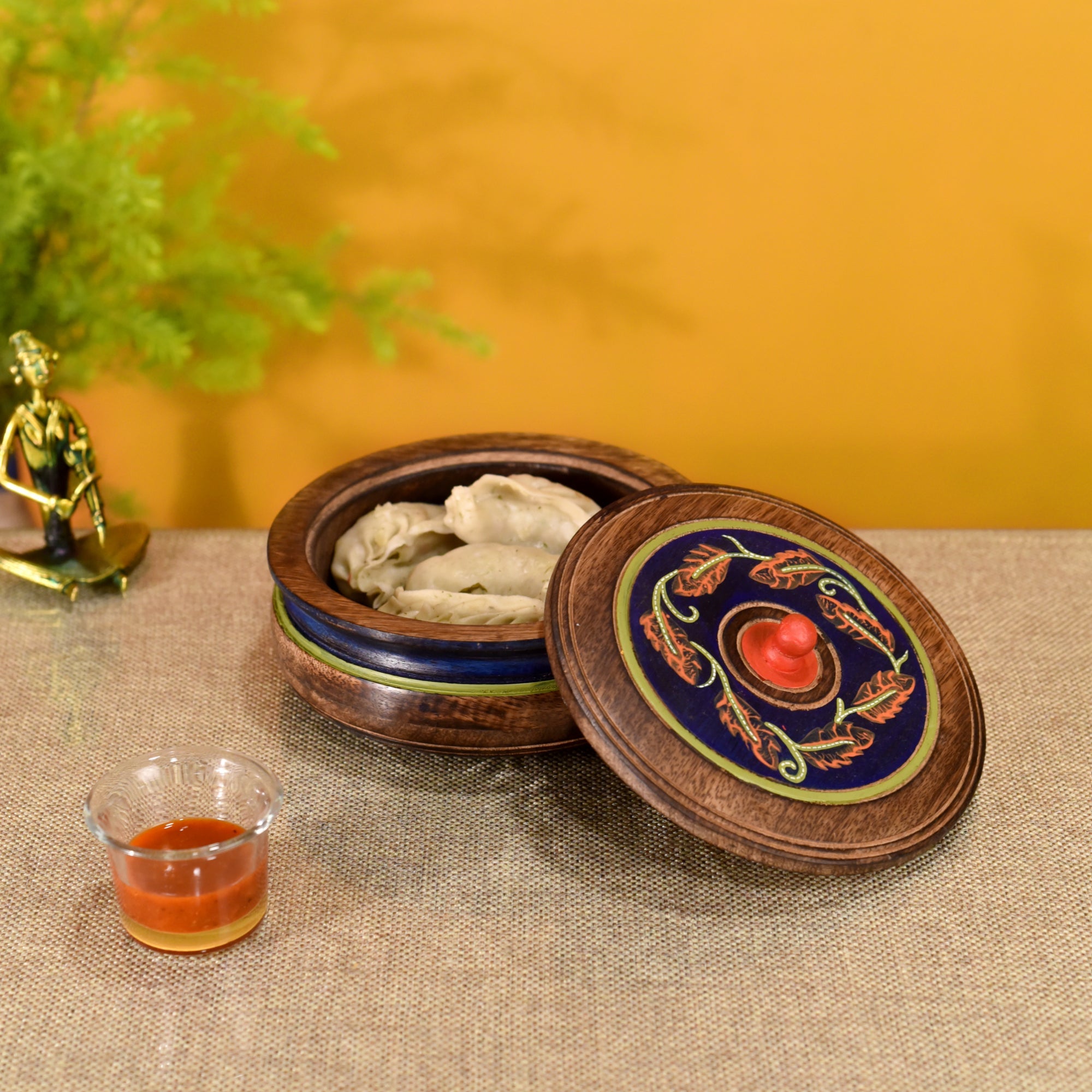 ART CREATIONS BY SUMAN SONTHALIA Autumn Leaf Dimsum Box in Mango Wood