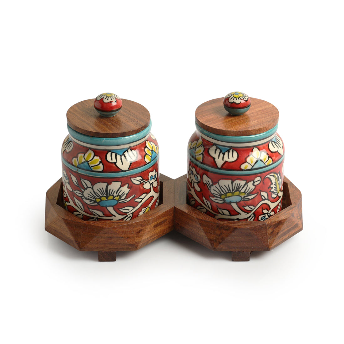 EXCLUSIVELANE 'Mughal Floral' Hand-Painted Ceramic Storage Jars & Containers with Tray (Set of 2, 440 ML) - view 2
