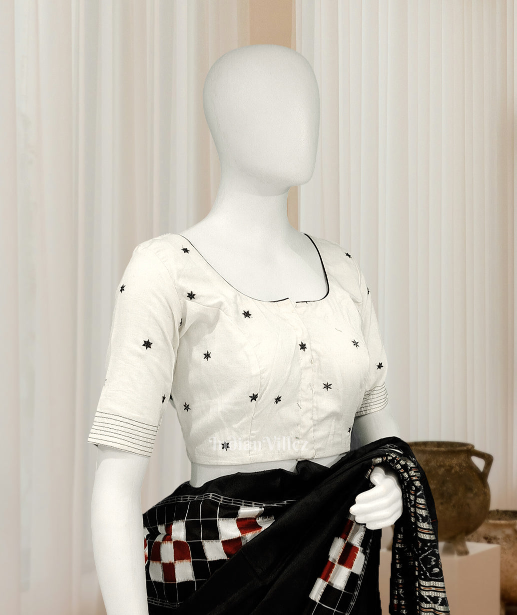 IndianVillèz White Star Motif Odisha Ikat Sambalpuri Cotton Blouse