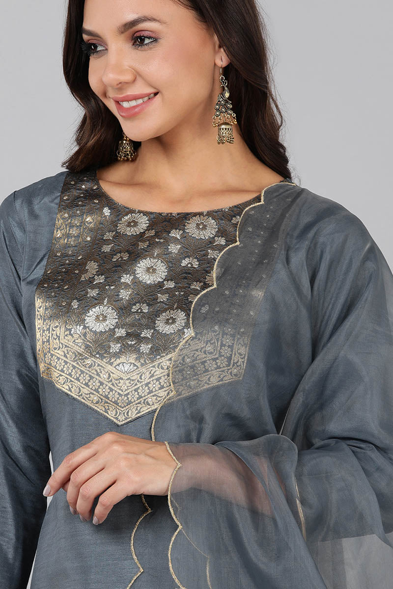 Ahika Grey Poly Silk Solid Straight Suit Set PKSKD1322 - view 2