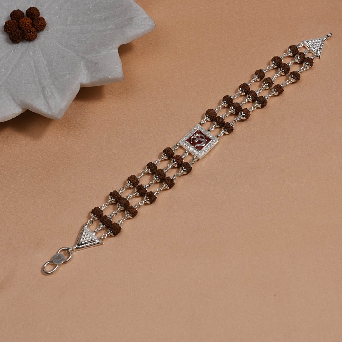 Prinjal Jewellers Rudraksha Silver Om in Red Triple Line Bracelet - view 2