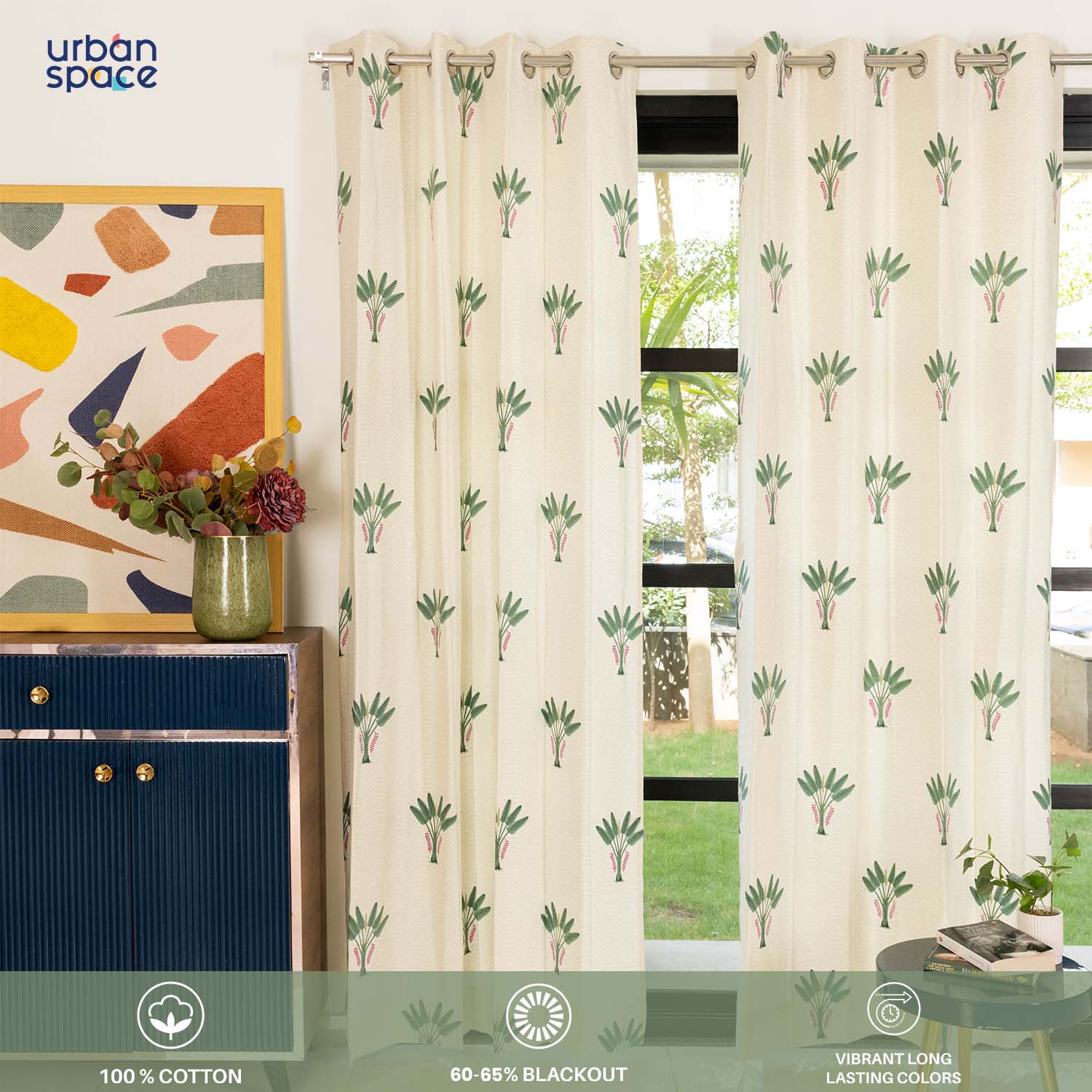 100 cotton curtains – Urban Space -Home Furnishing Store 100% Cotton Curtains for Living Room, Bedroom curtains - Pack of 2 curtains, Palm Lagoon Green