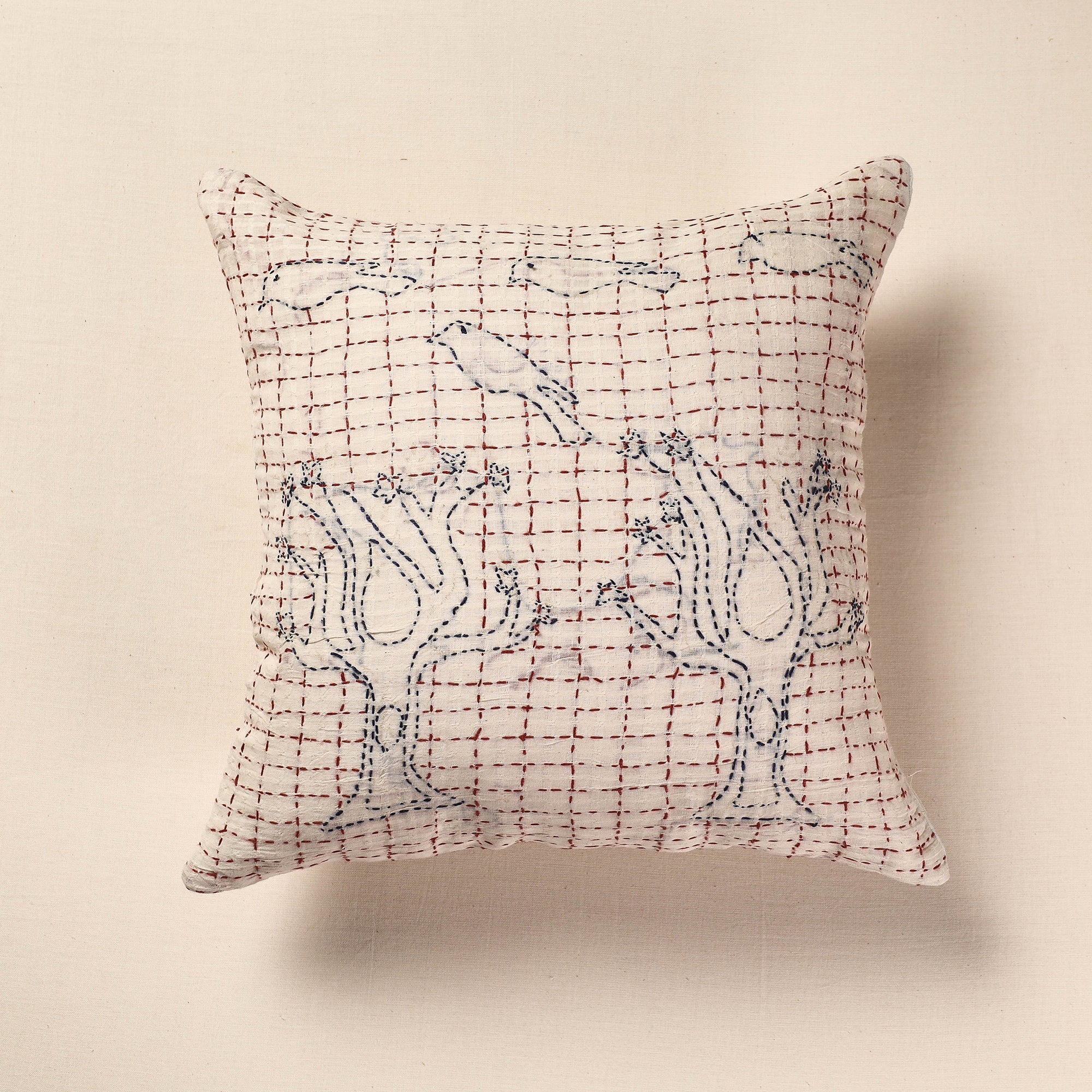 ARTISAN HAND BLOCK PRINTS Beige - Tagai Work Cotton Cushion Cover (16 x 16 in)
