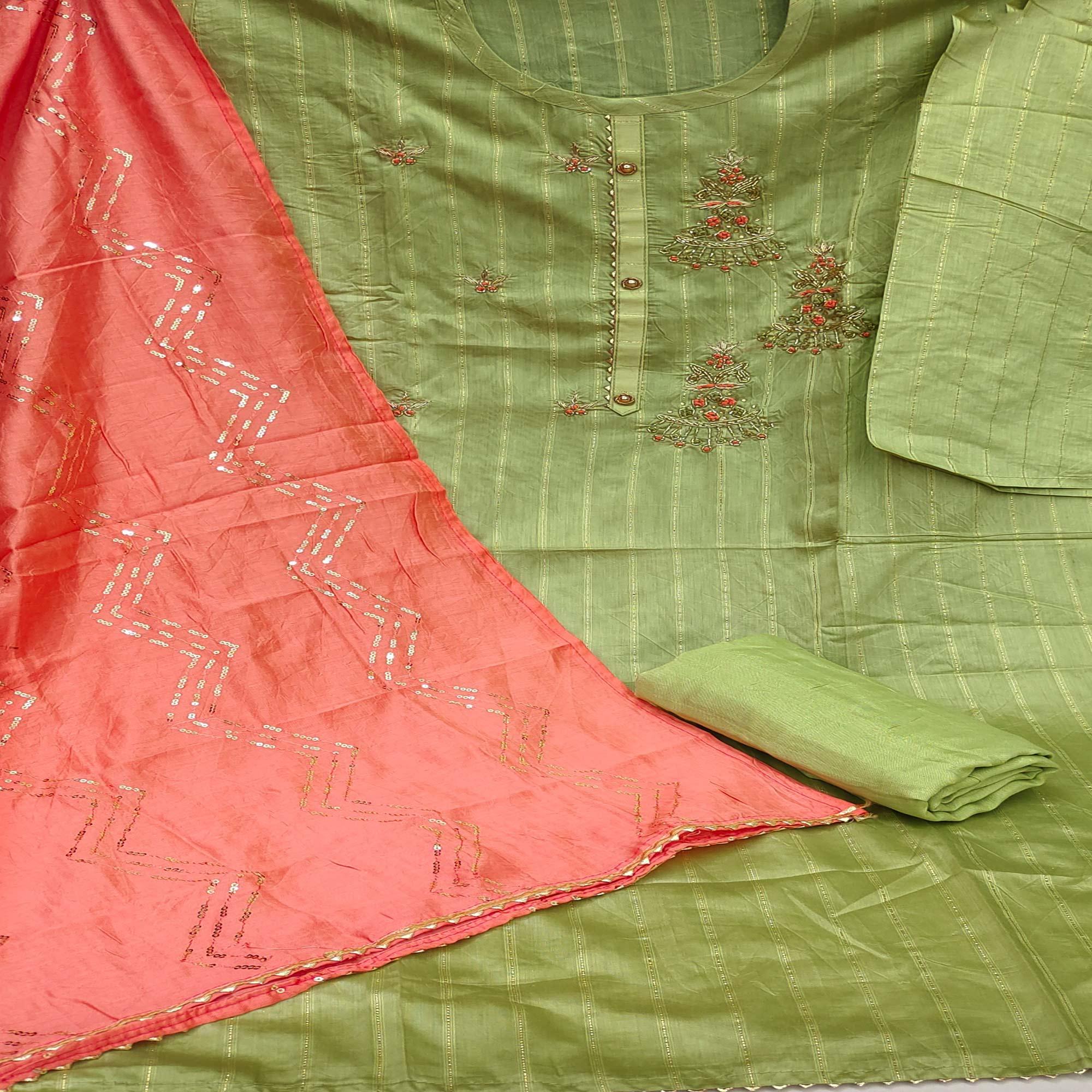 Peachmode Dark Green Casual Wear Embroidered Cotton Dress Material - view 2