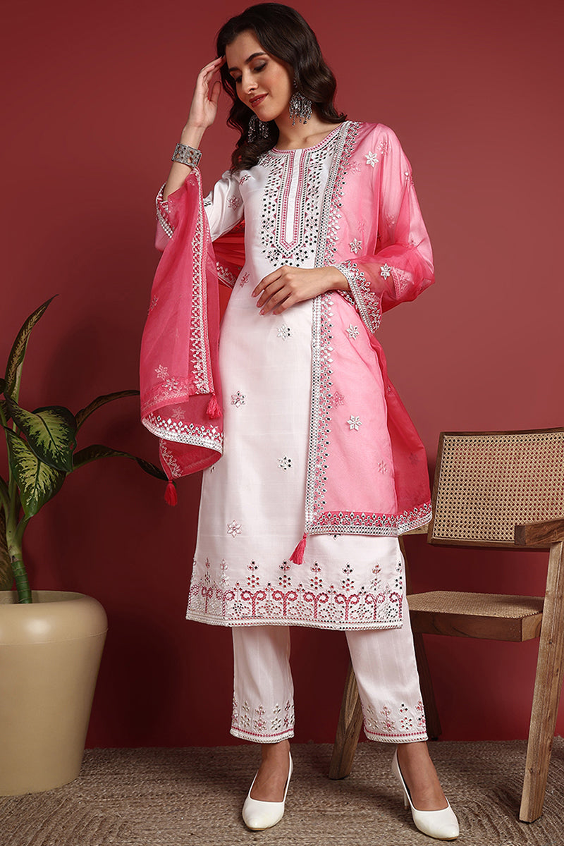 Ahika White Silk Blend Solid Embroidered Straight Suit Set PKSKD2422 - view 2