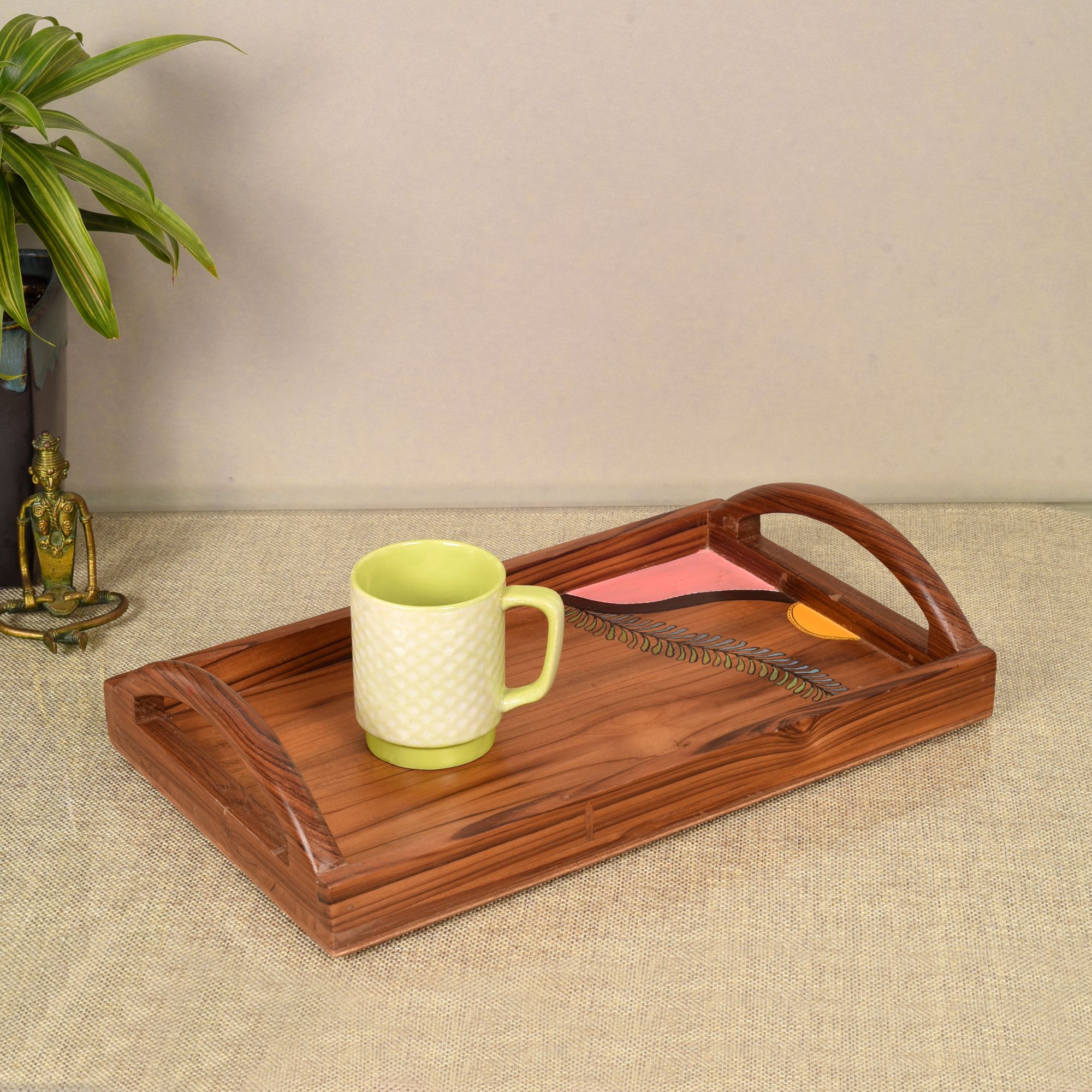 ART CREATIONS BY SUMAN SONTHALIA Brown - Hand Painted Teak Wood Serving Tray (17x11x3)