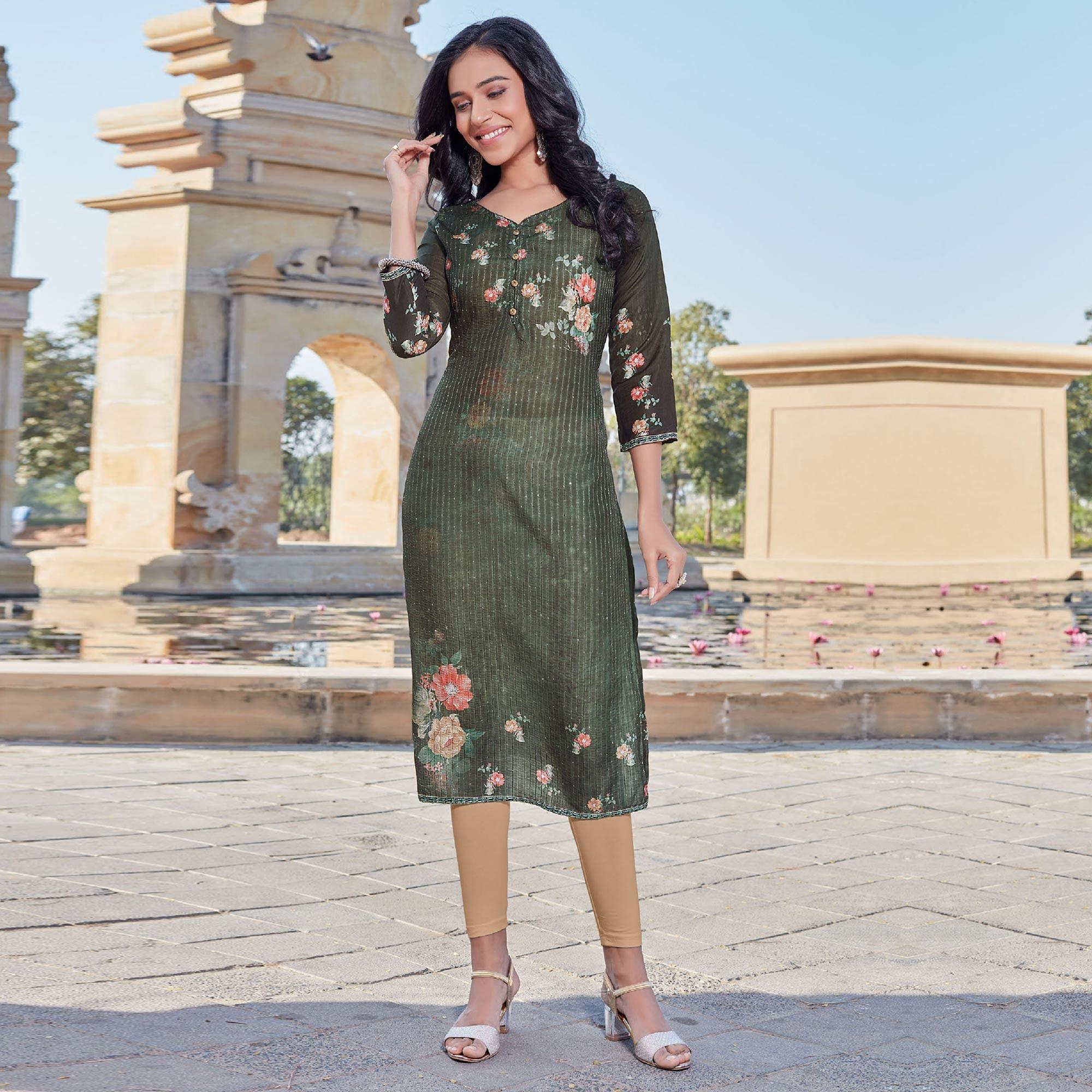 Peachmode Seller Bottle Green Sequins Embroidered Cotton Silk Kurti - view 2