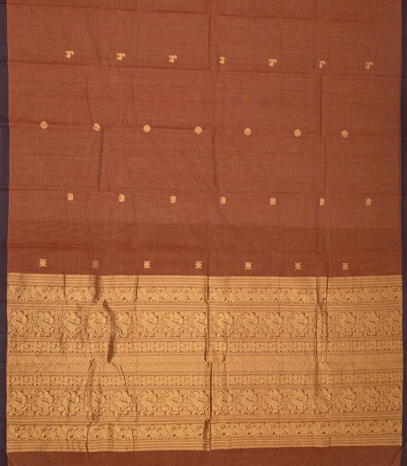 RmKV Brown Handloom Kanchi Cotton Saree With Annam & Elephant Buttas - view 2