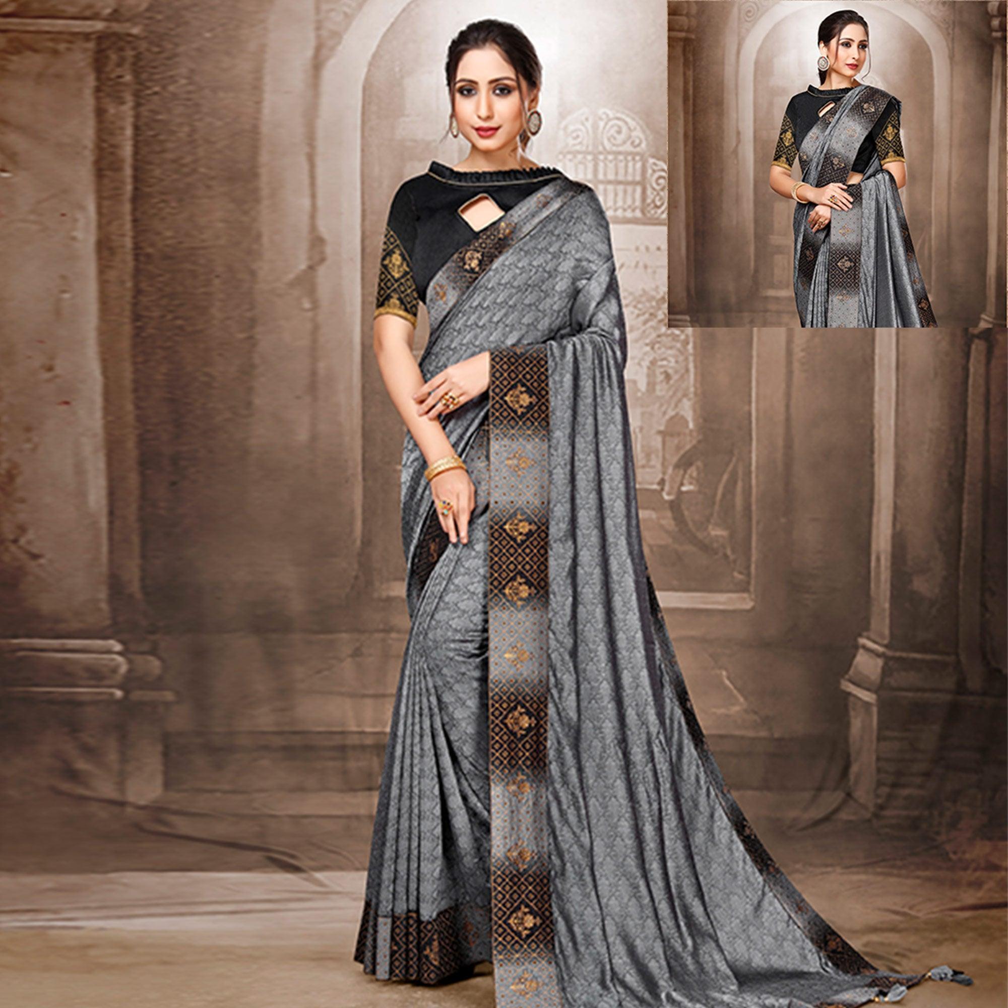 Peachmode Exclusive Grey Colored Festive Wear Woven Silk Saree
