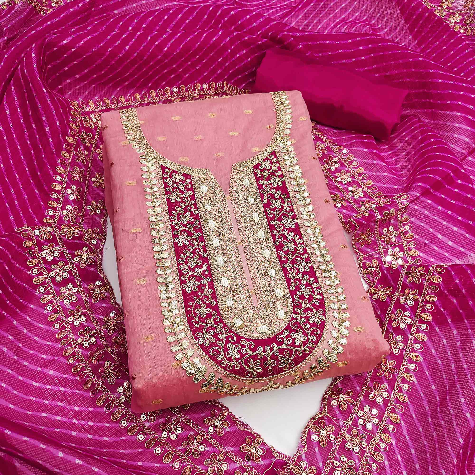 Peachmode Pink Woven With Sequins Embroidered Modal Chanderi Silk Dress Material