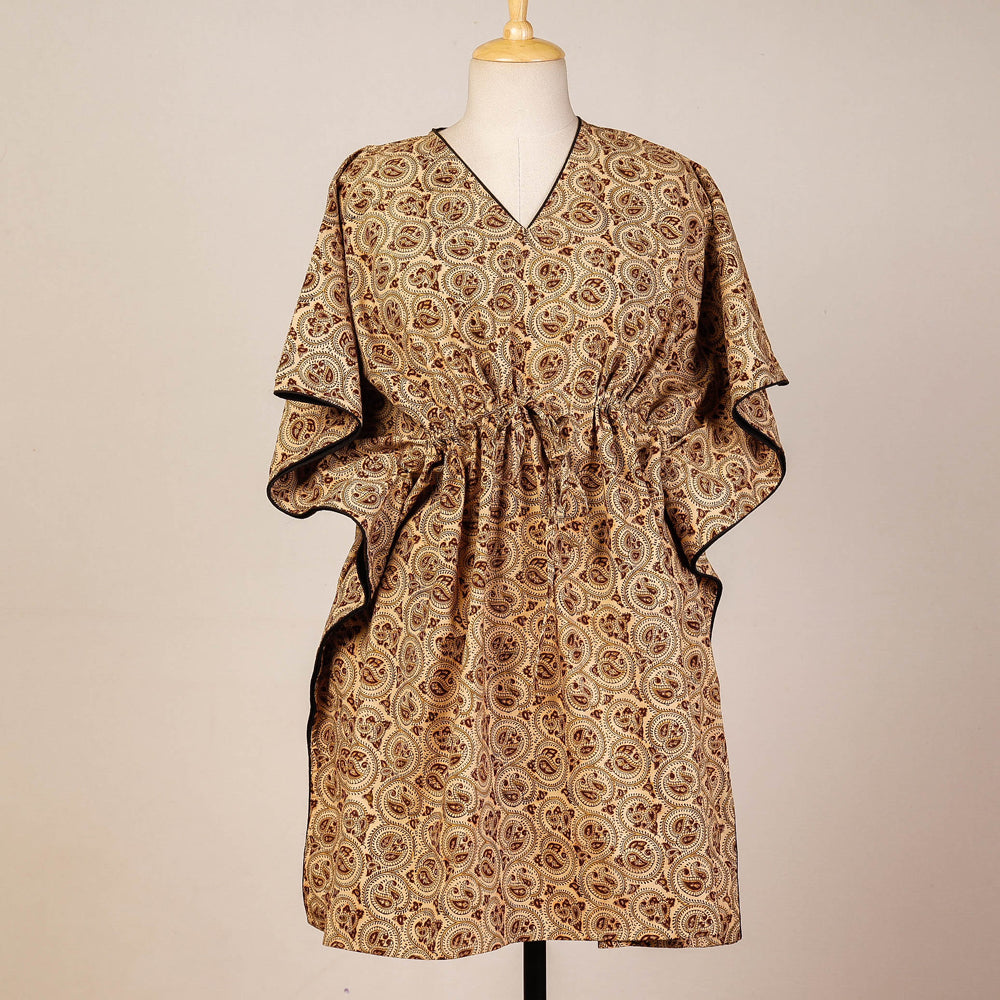 CHUTNEY CRAFT STUDIO Beige - Block Print Cotton Kalamkari Kaftan with Tie-Up Waist (Medium)