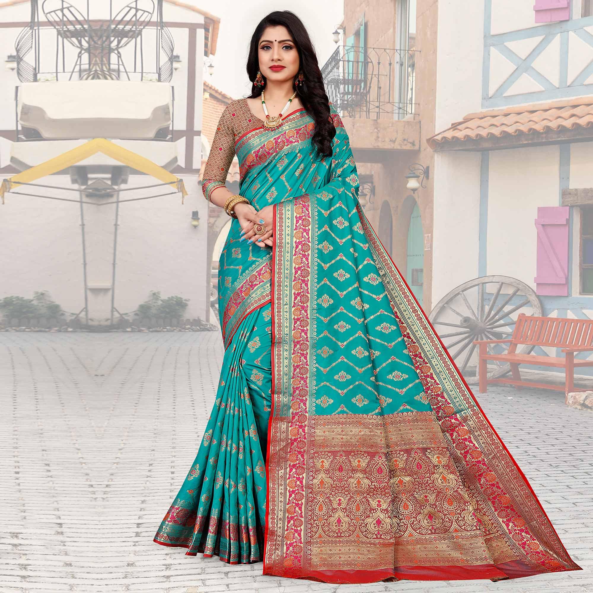 Peachmode Firozi Festive Wear Woven Silk Saree