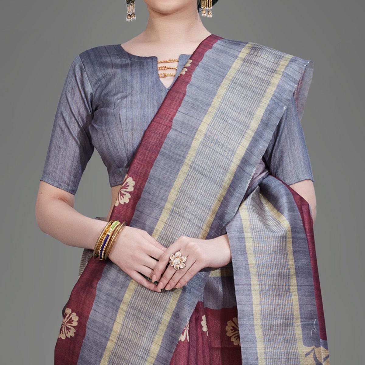 Peachmode Maroon Casual Art Silk Printed Saree With Unstitched Blouse - view 4