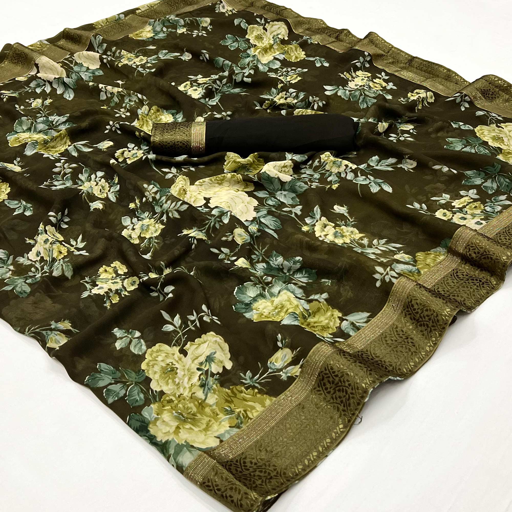 Peachmode Mehendi Green Floral Printed Georgette Saree