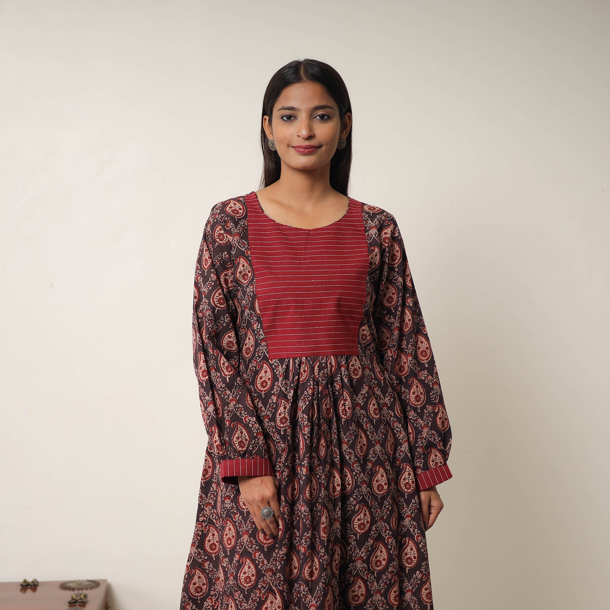 ITOKRI CASUALS Brown - Hand Block Print Cotton Flared Gher Ajrakh Dress 14