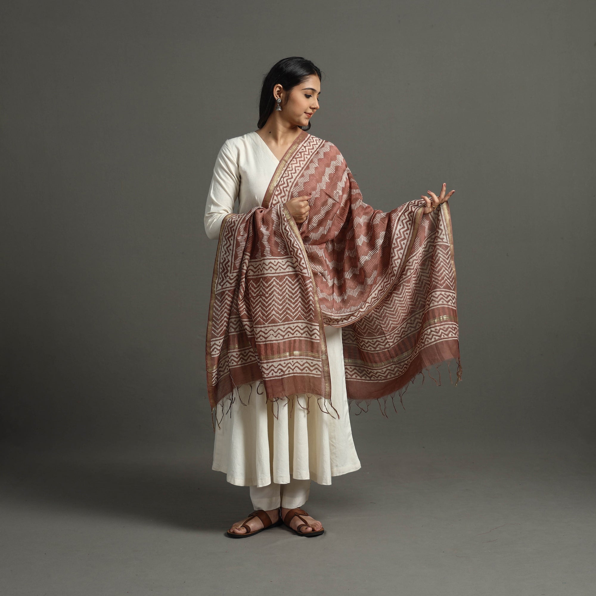 BAGRU DABU PRINTS Brown - Block Printed Chanderi Silk Bagru Dupatta 64 - view 2