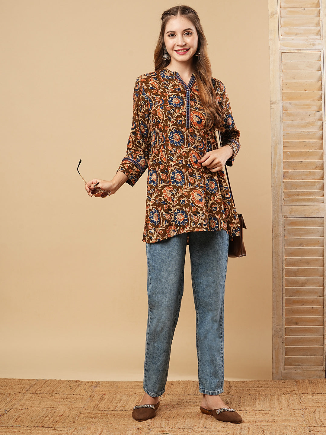 Fashor Floral Printed & Mirror Embroidered Straight Fit Kurti - Brown
