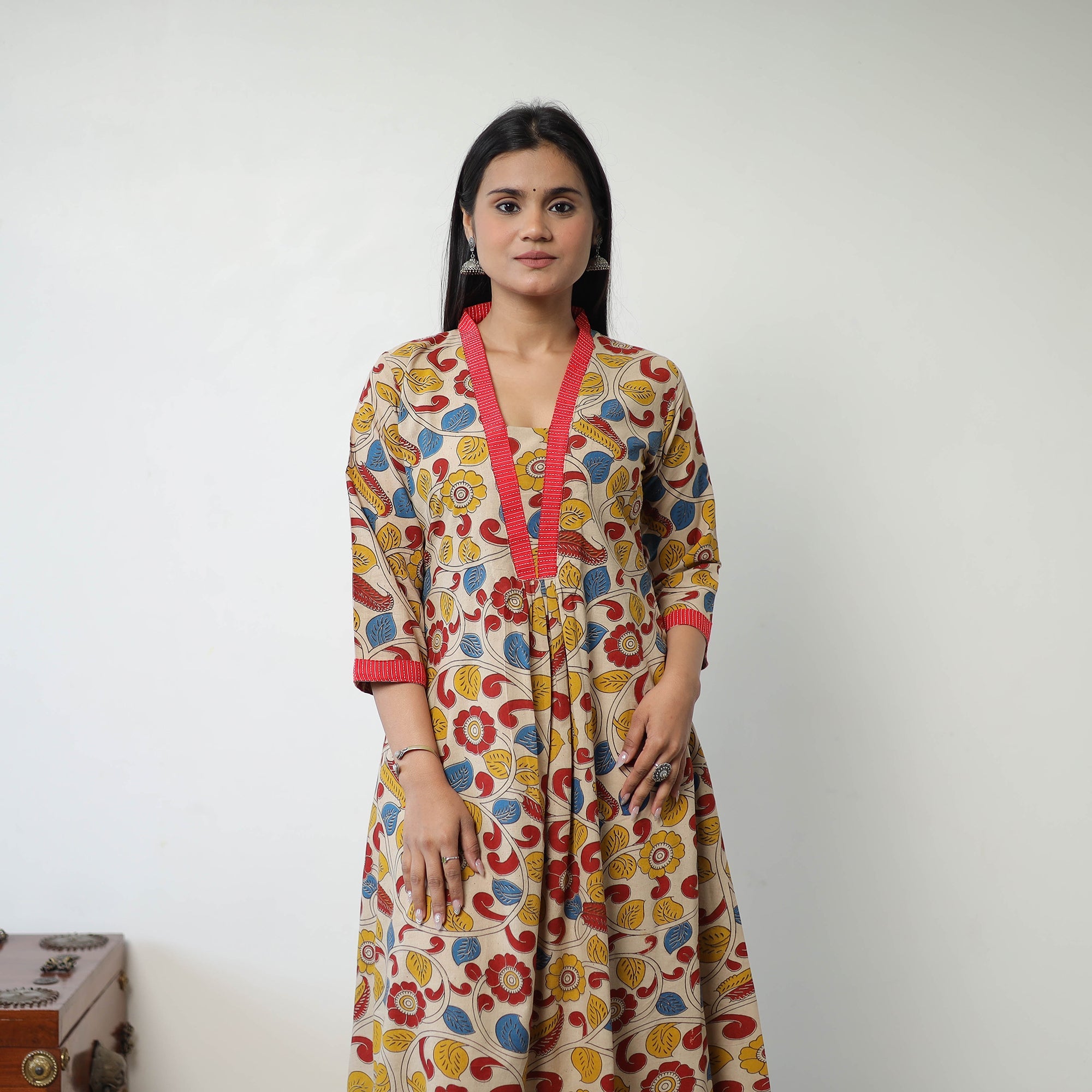 ITOKRI CASUALS Beige - Printed Cotton Flared Kalamkari Kurta with Patchwork 04