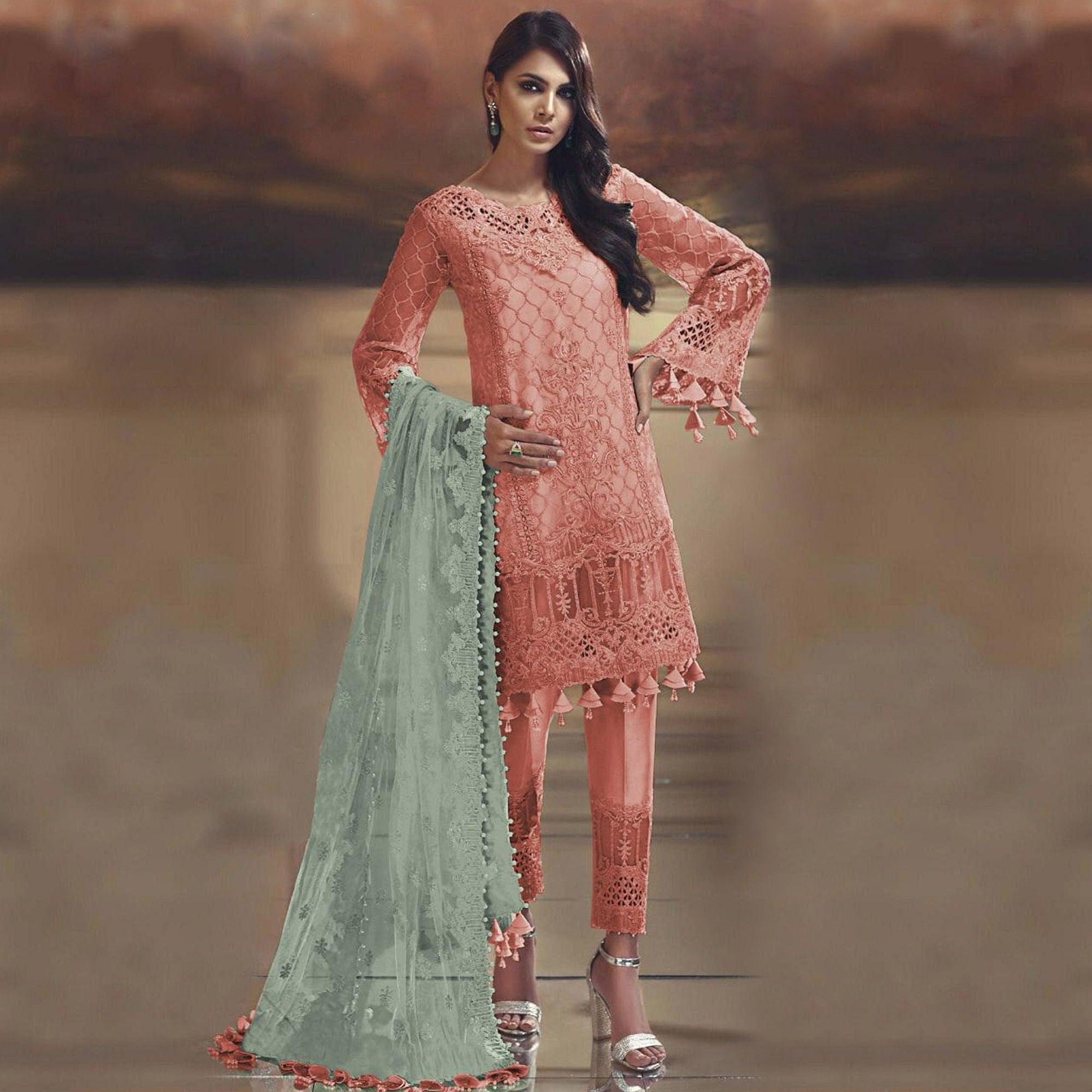 Peachmode Mesmerising Orange Colored Partywear Embroidered Tissue Silk Straight suit