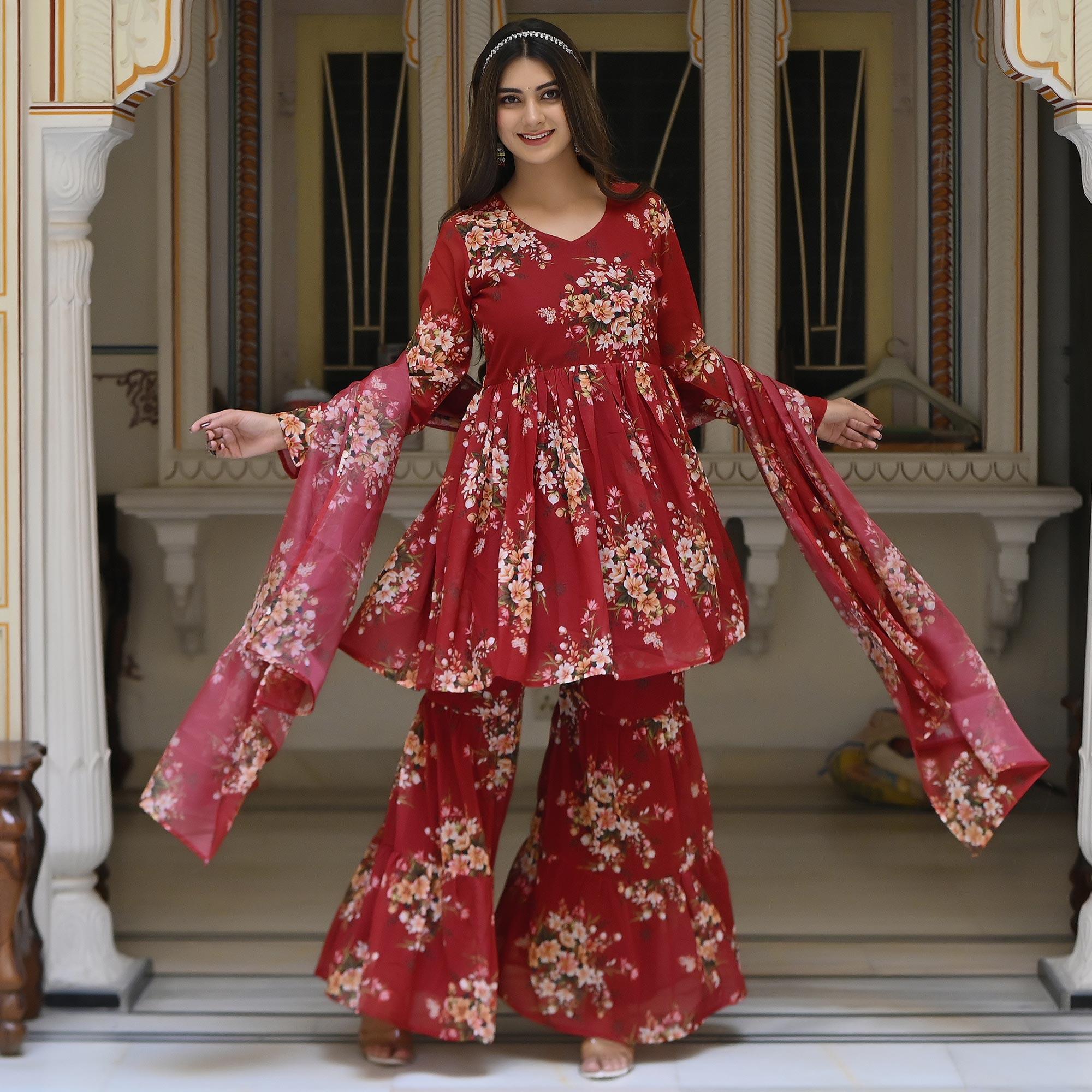 Peachmode Maroon Floral Printed Georgette Sharara Suit - view 3