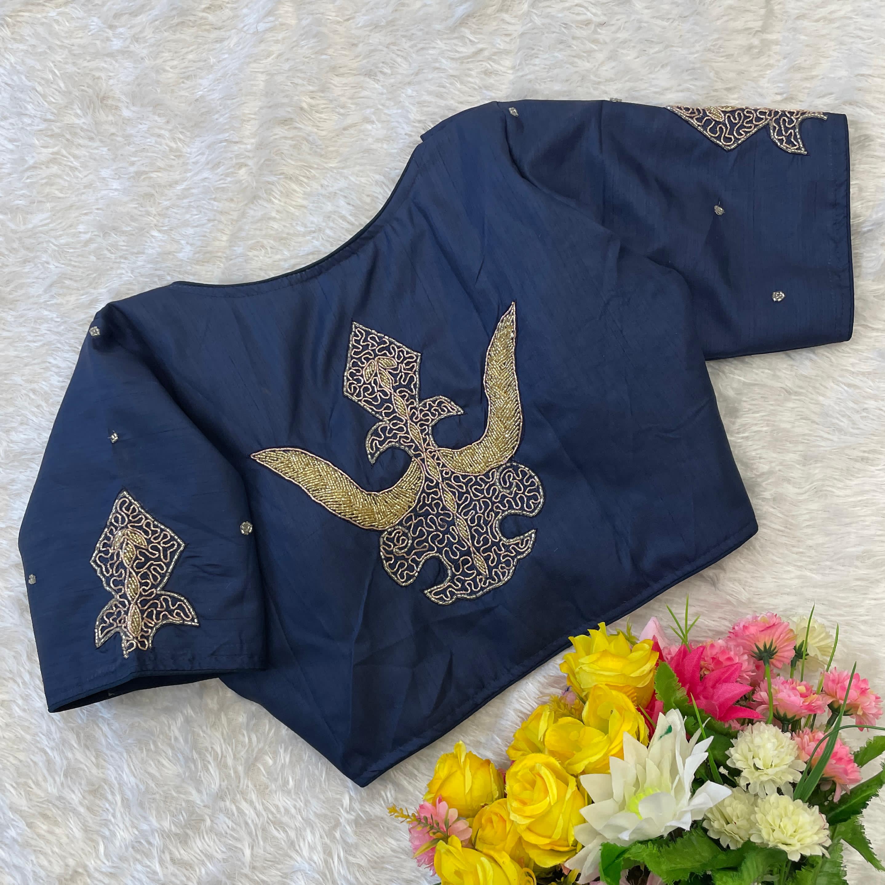 ClothsVilla Blue Handcrafted Muskan Silk Blouse with Designer Collar and Handwork