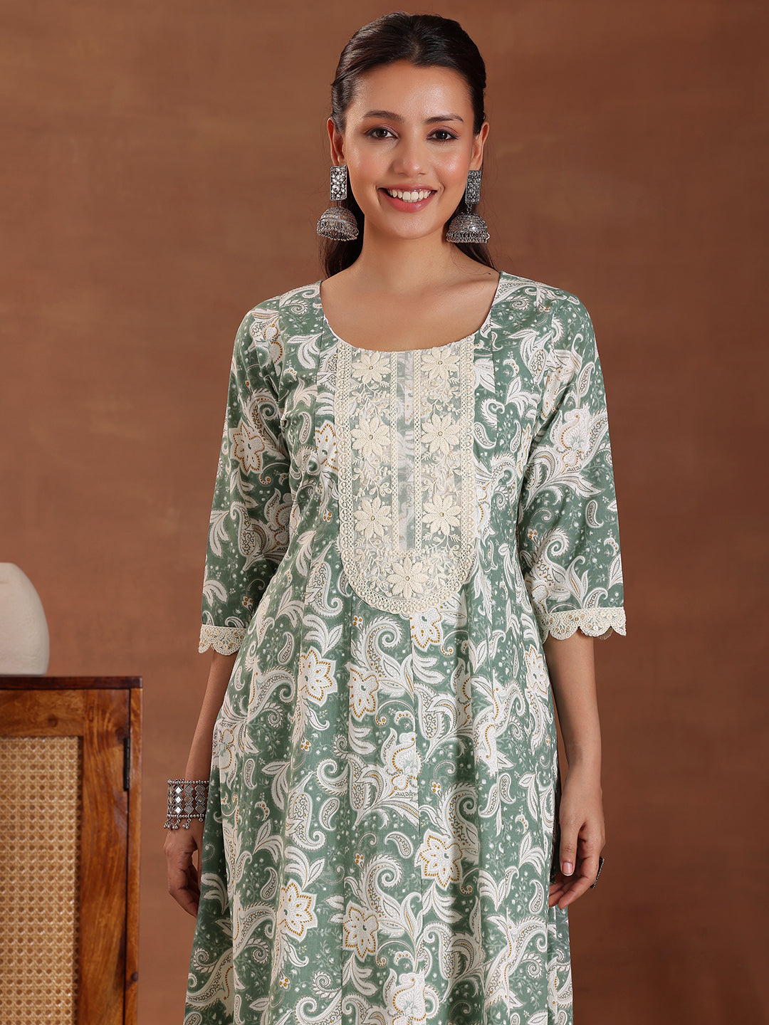 Libas Green Printed Cotton Anarkali Suit With Dupatta - view 5