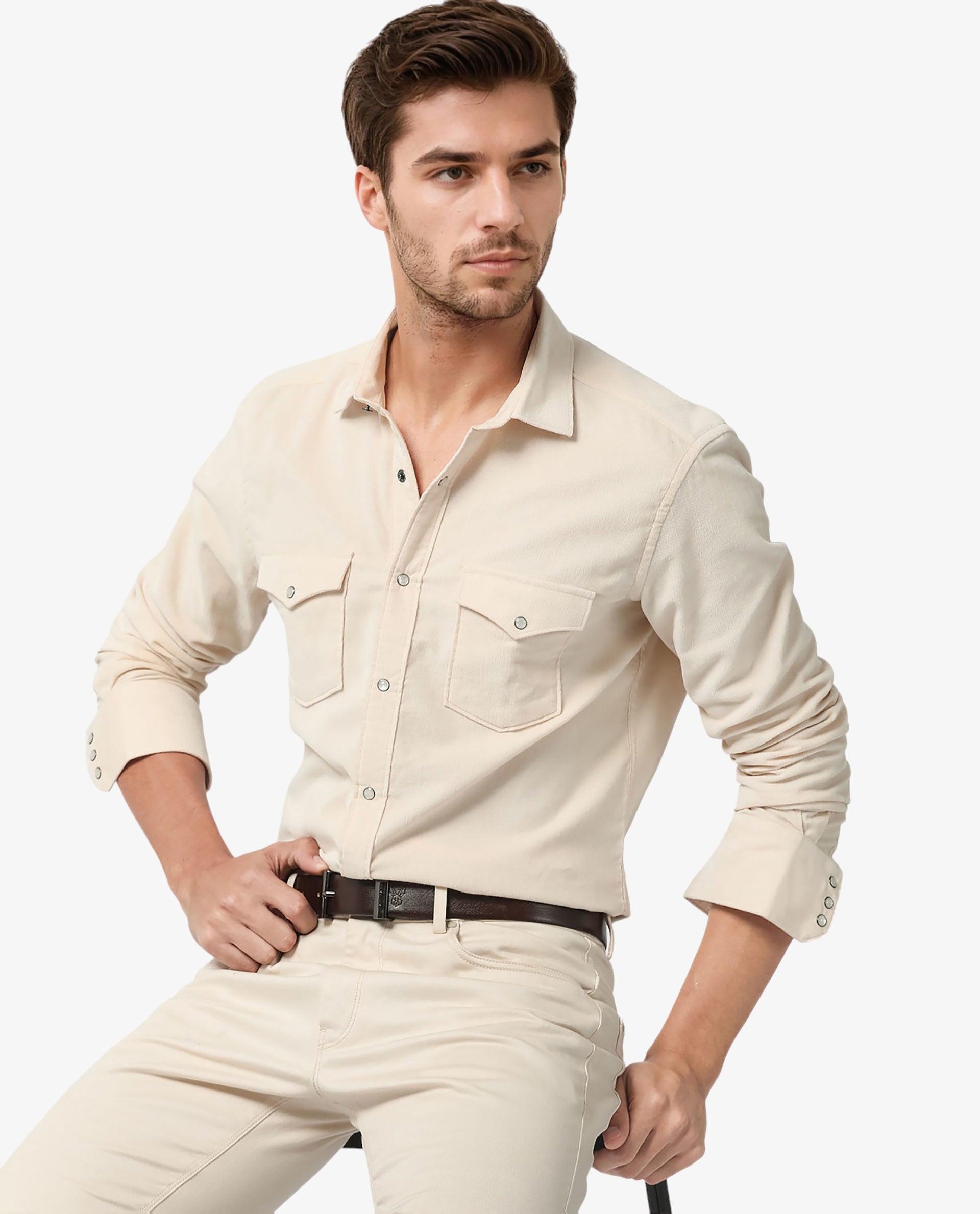 Rare Rabbit Men's Cordini Off White Cotton Fabric Full Sleeves Solid Shirt