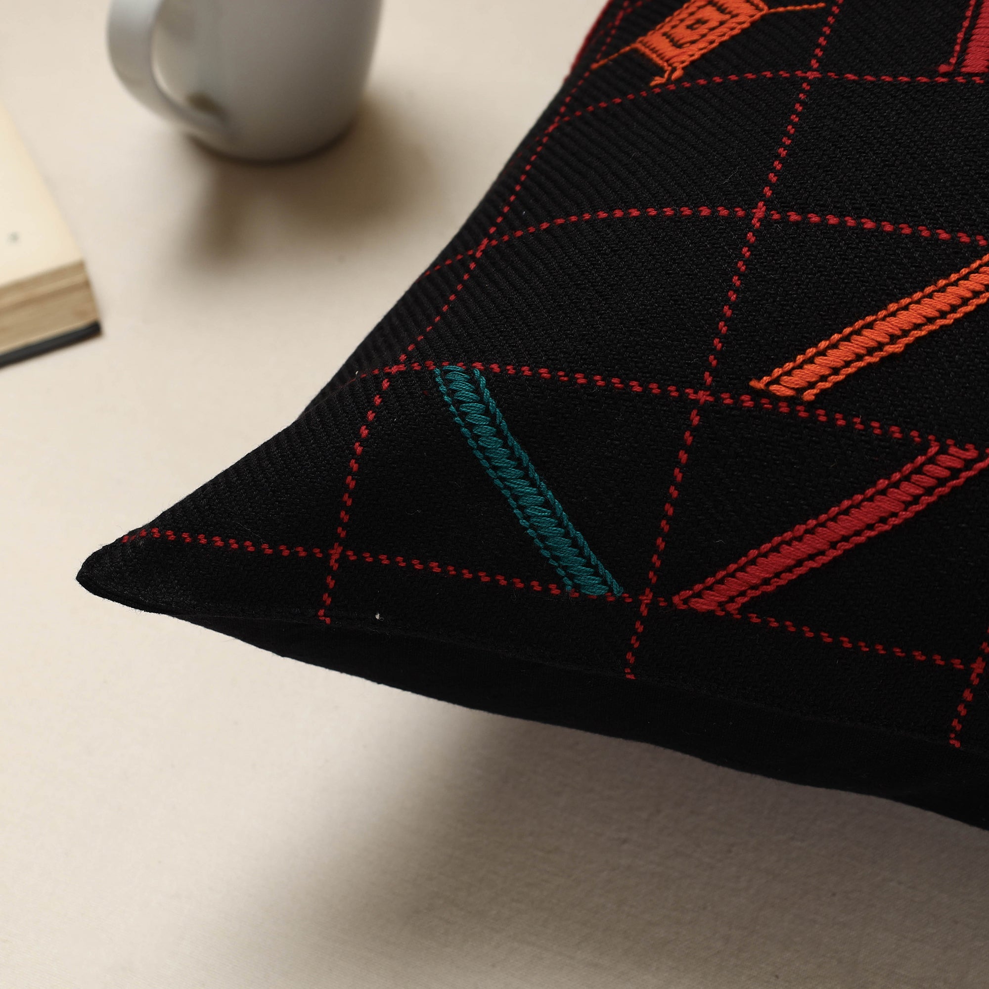 Black - Urmul Kashida Stitch Handloom Cotton Cushion Cover (16 x 16 in) - view 2